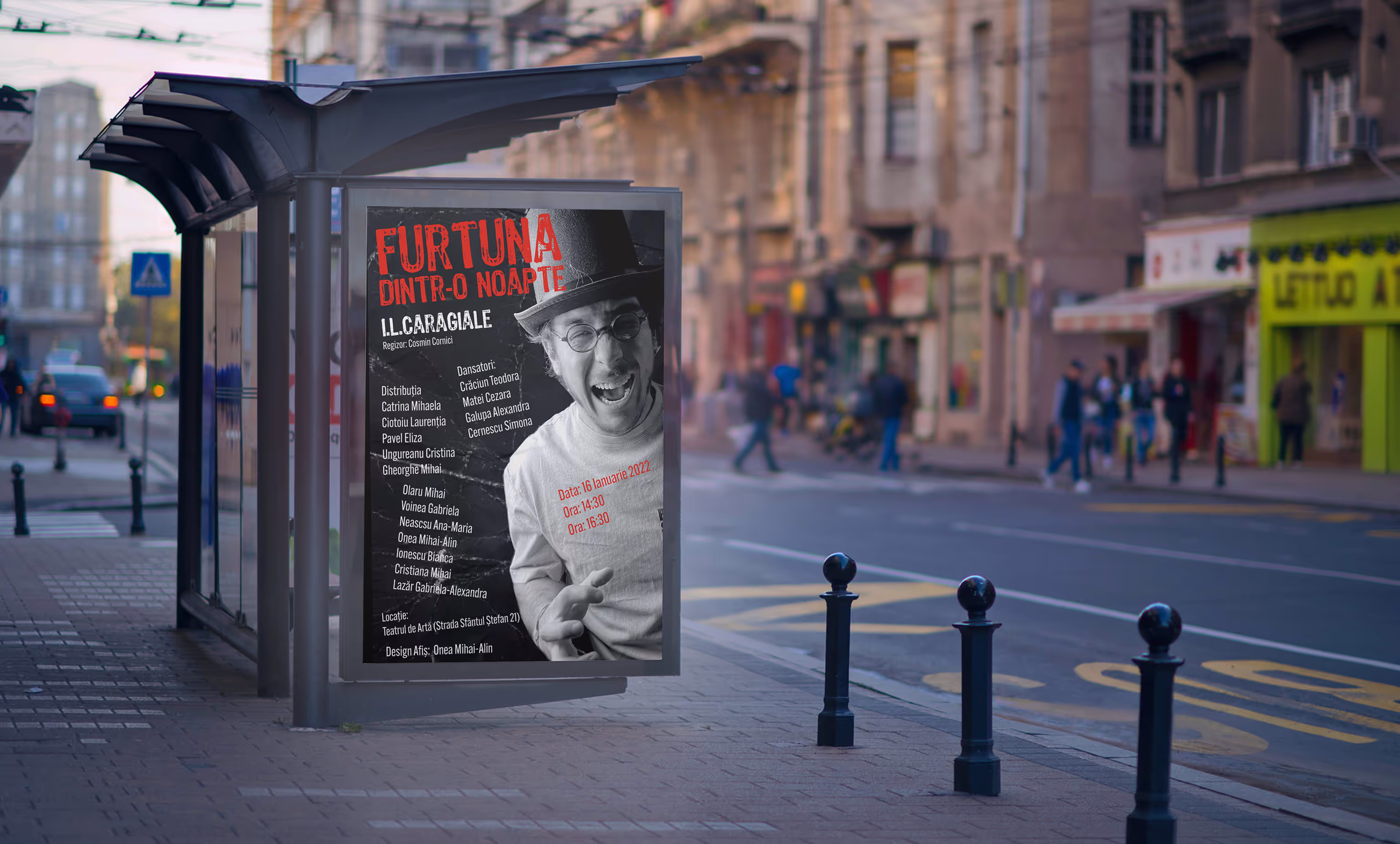 Poster for Furtuna Dintr-o Noapte play by I.L. Caragiale, street photography, dramatic mood.