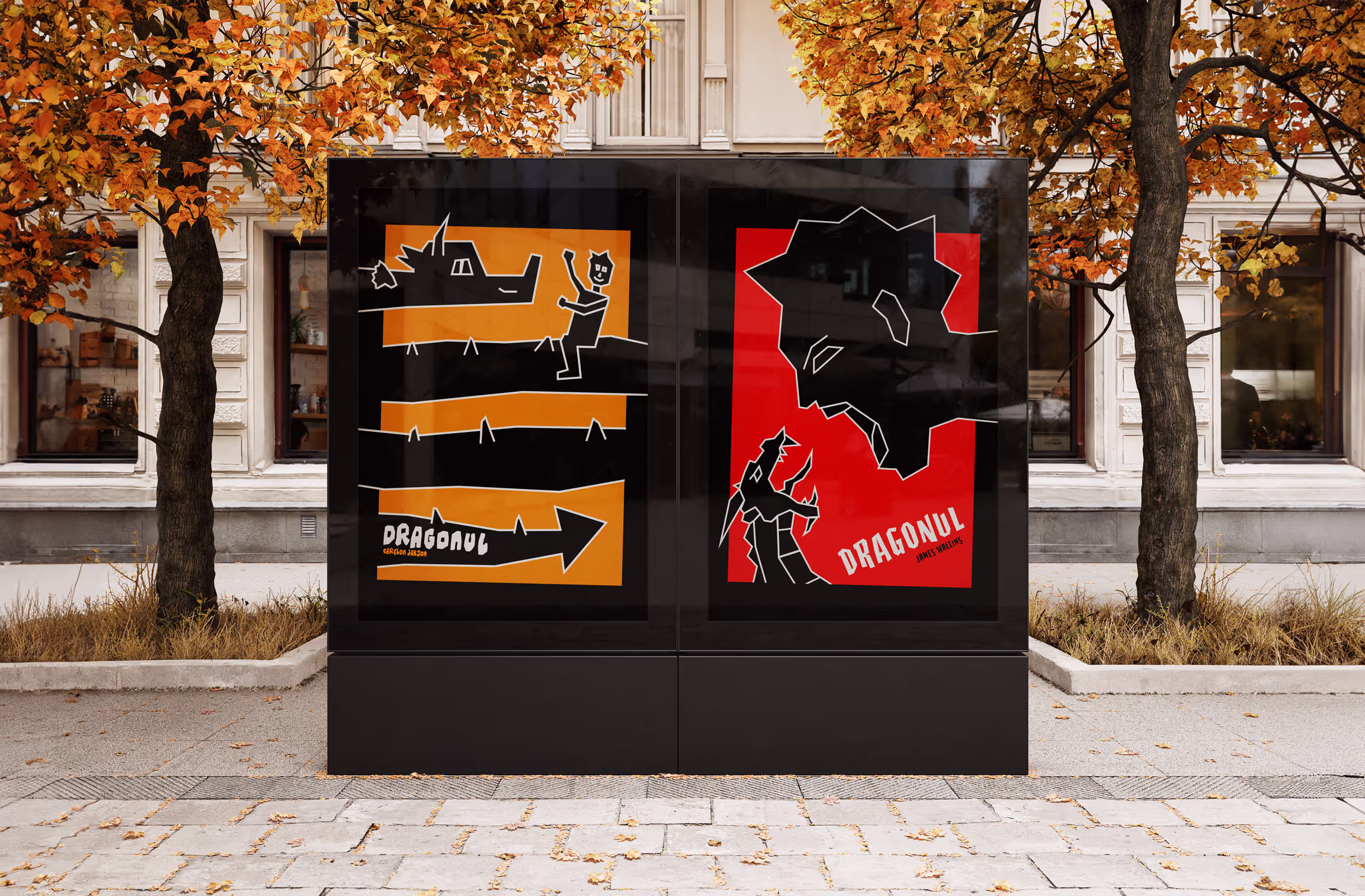 Modern graphic art posters of dragons on a street display.