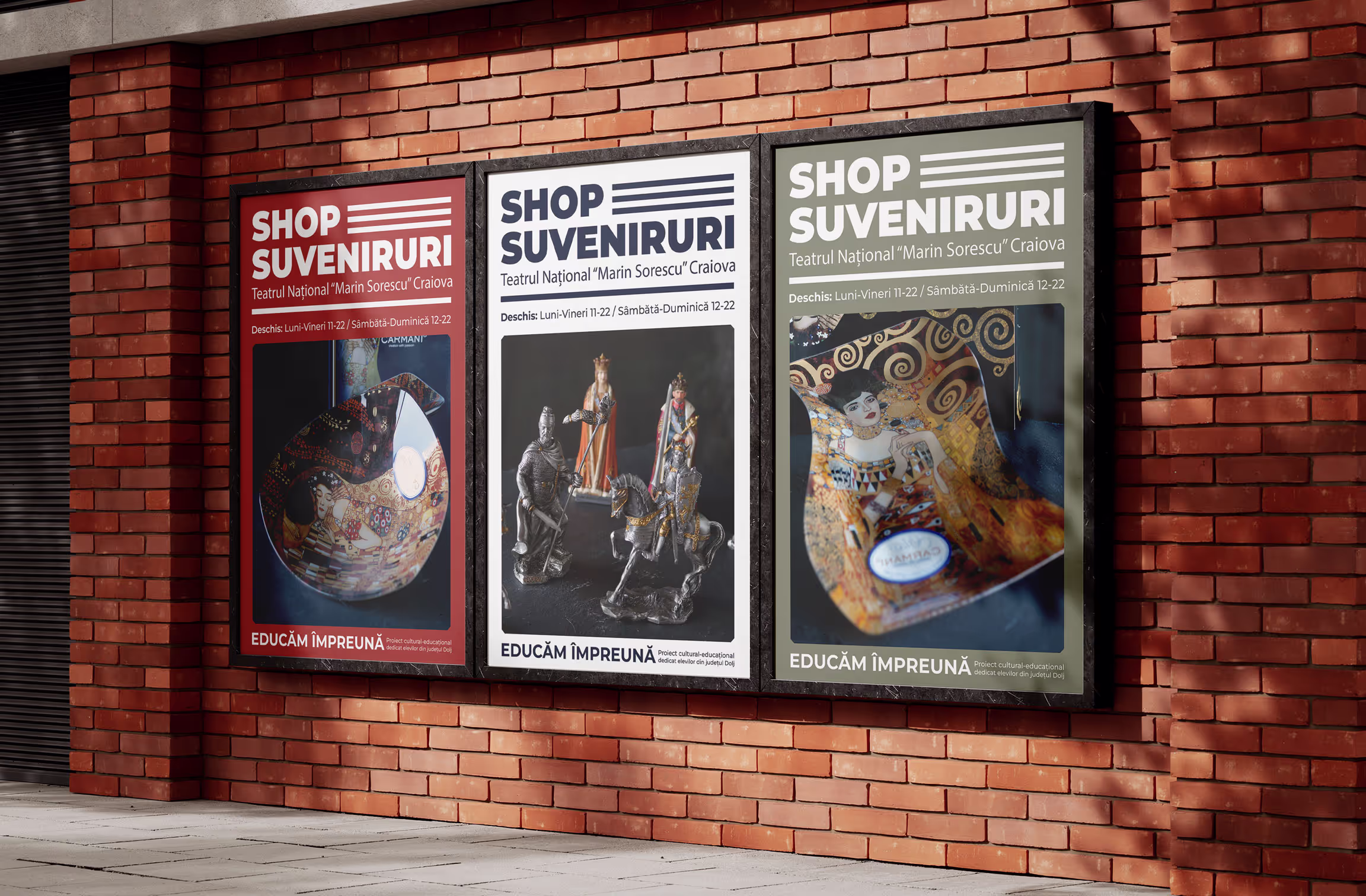 Three framed posters advertising a souvenir shop with artistic imagery.