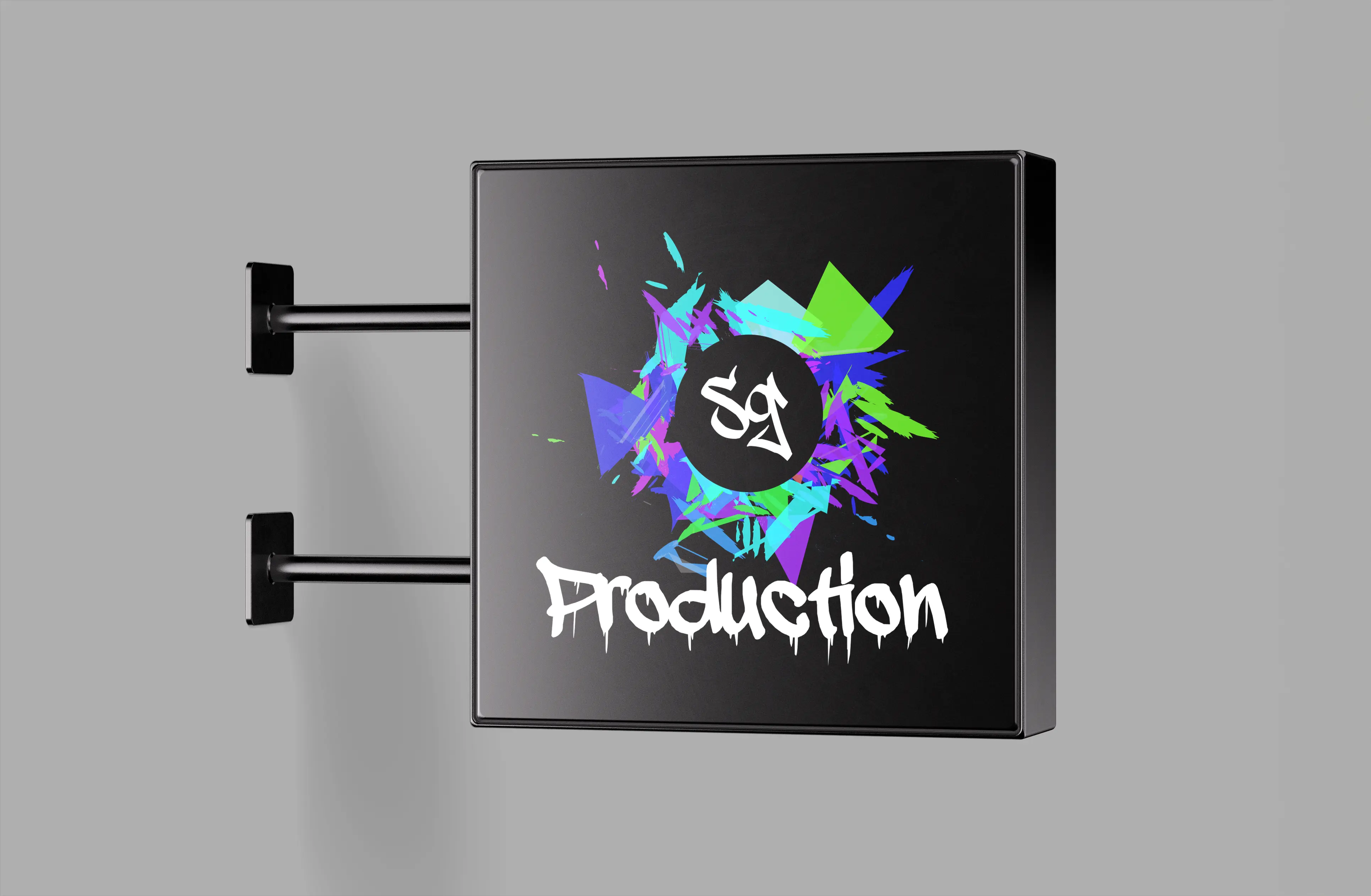 Modern production company sign with abstract art and graffiti-style text.