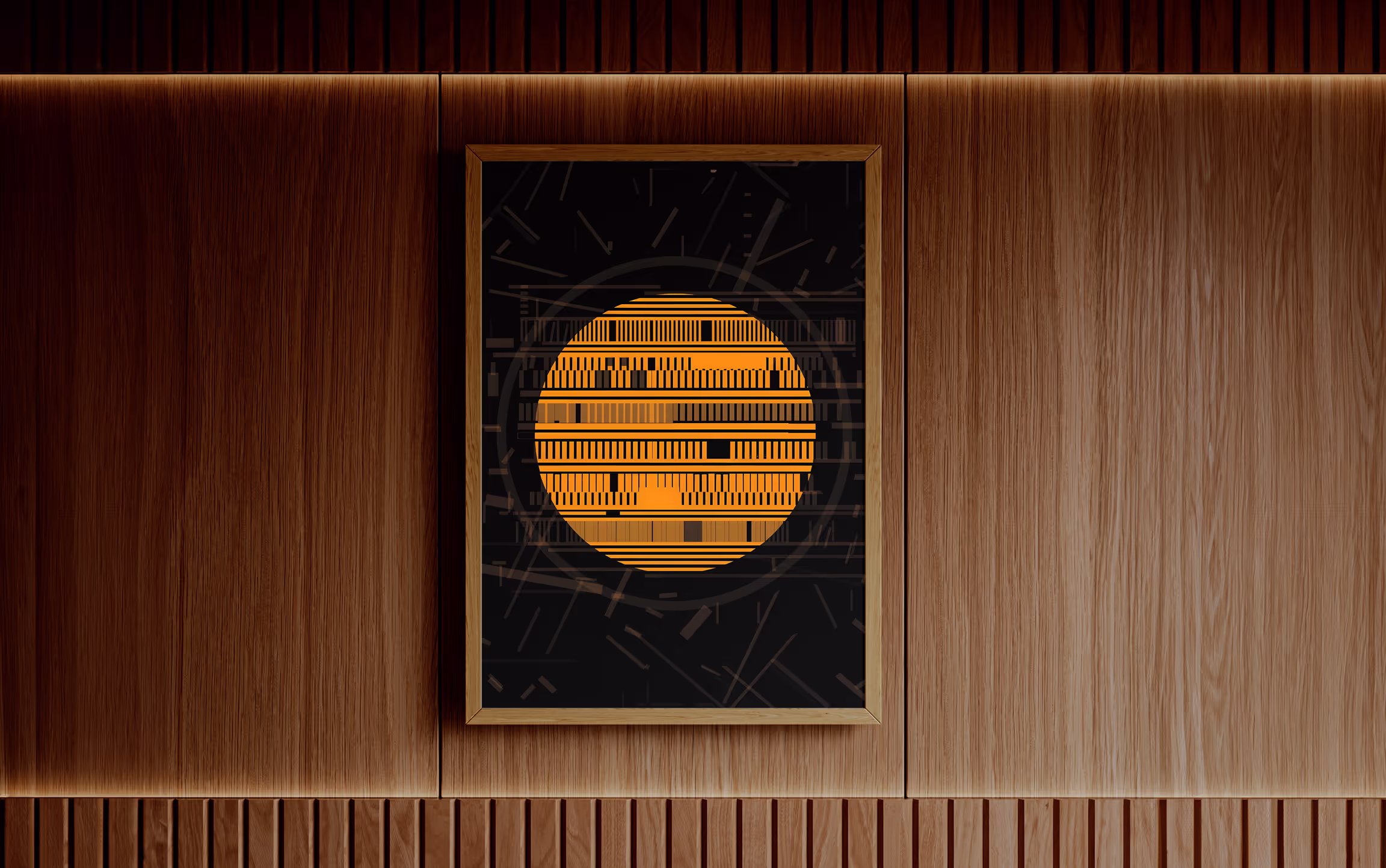 Abstract digital art of an orange sun on a dark background in a wooden frame.