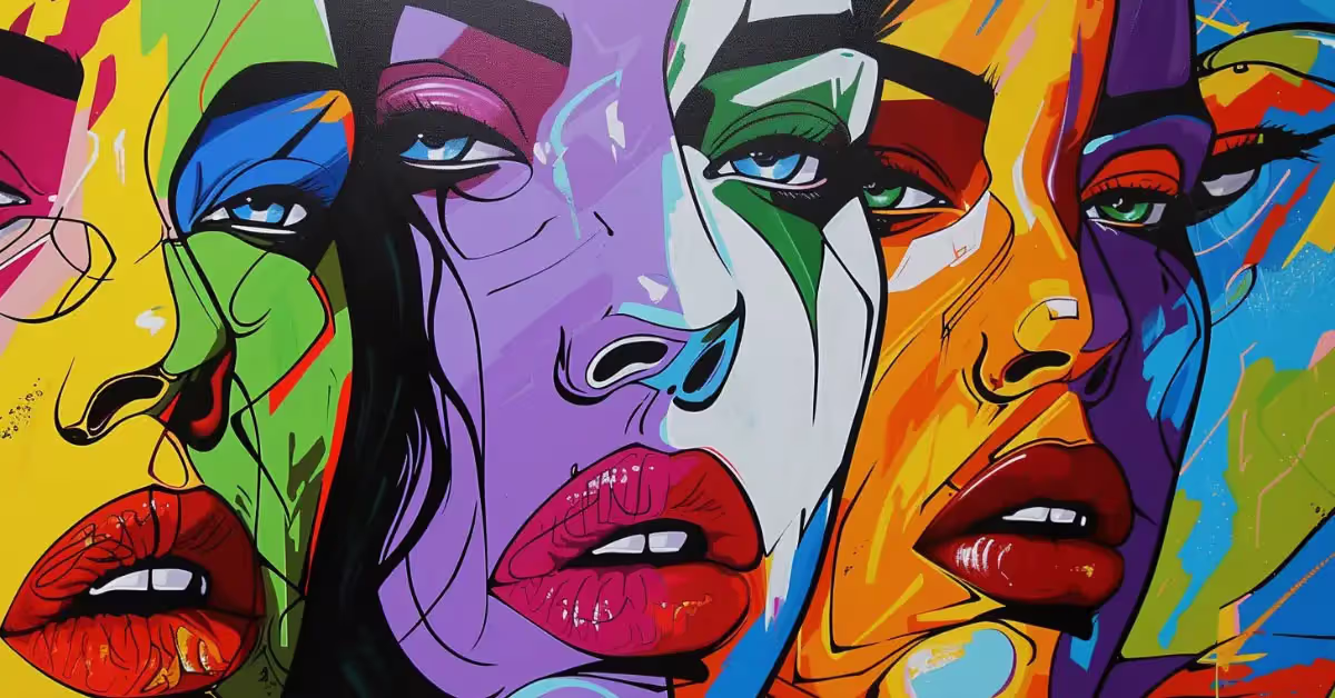 Vibrant pop art portrait of women's faces, bold colors, expressive.