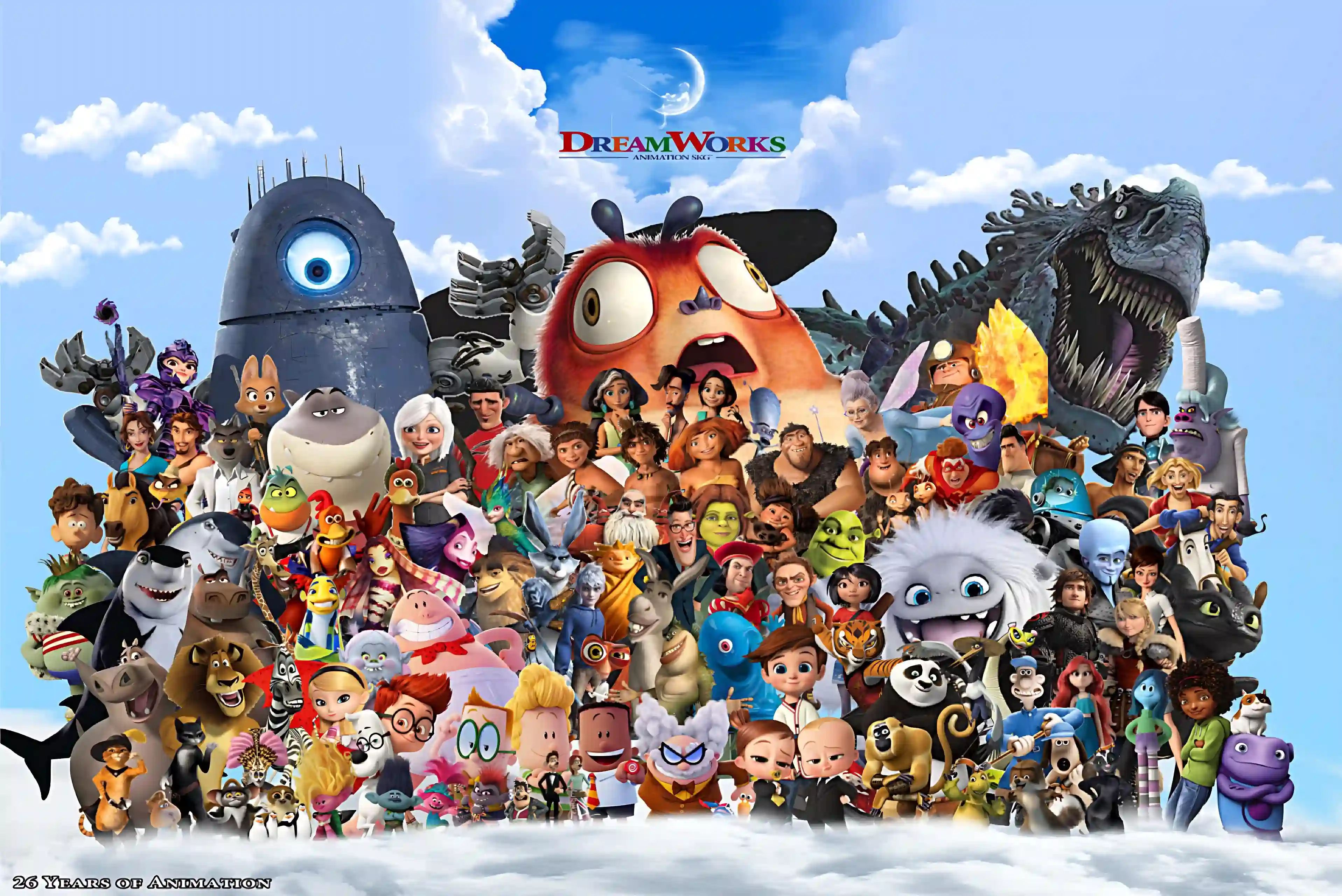 DreamWorks Animation characters collage, digital art, celebratory and diverse.