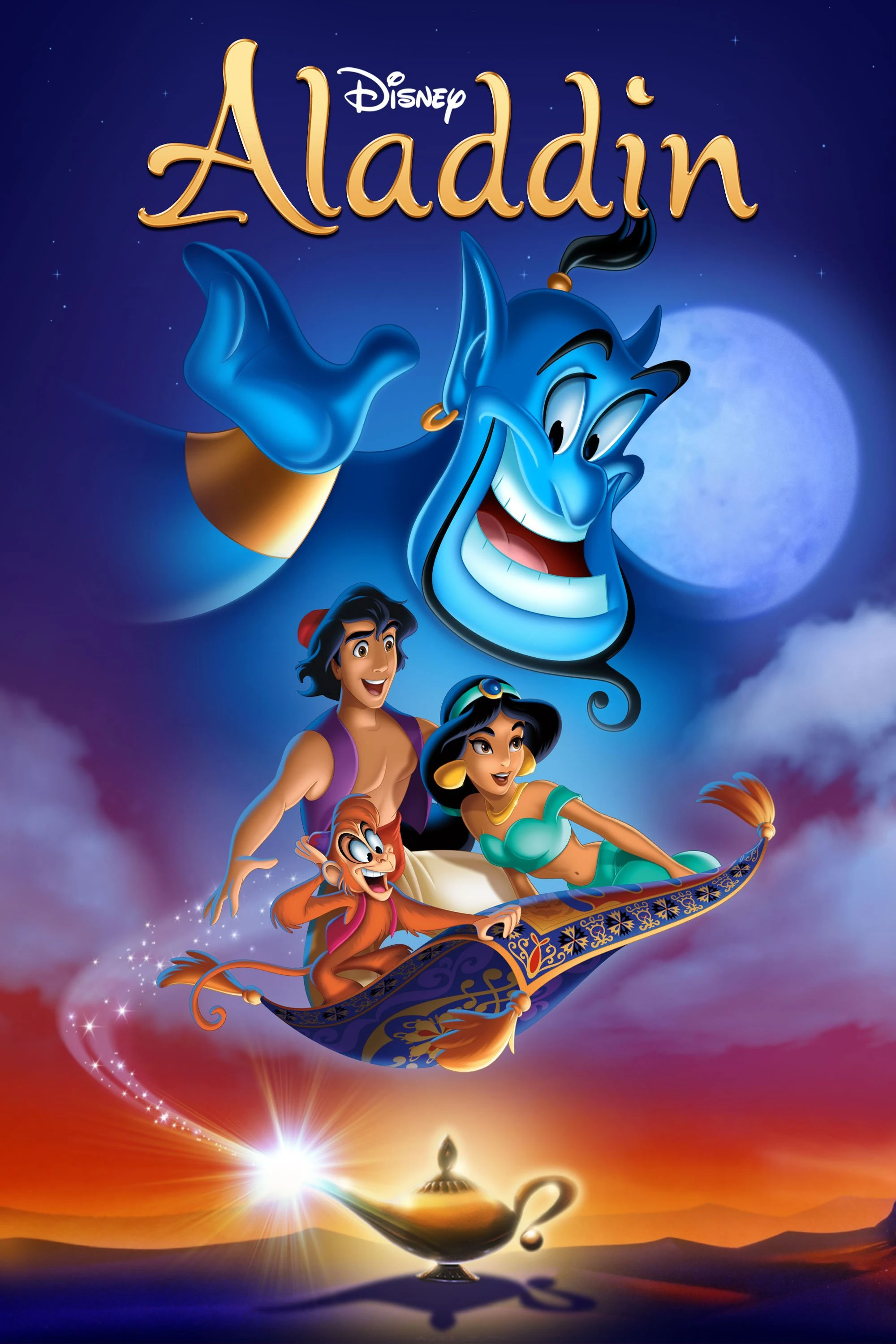 Disney's Aladdin movie poster: Genie, Aladdin, Jasmine, Abu on magic carpet, desert sunset.