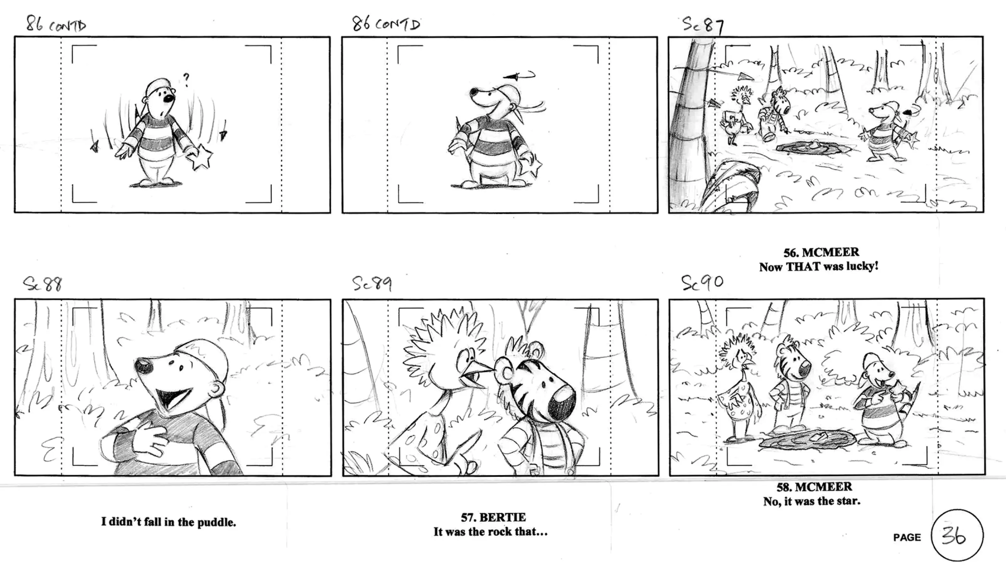 Pencil storyboard sketches of cartoon animals in a forest, whimsical and illustrative style.