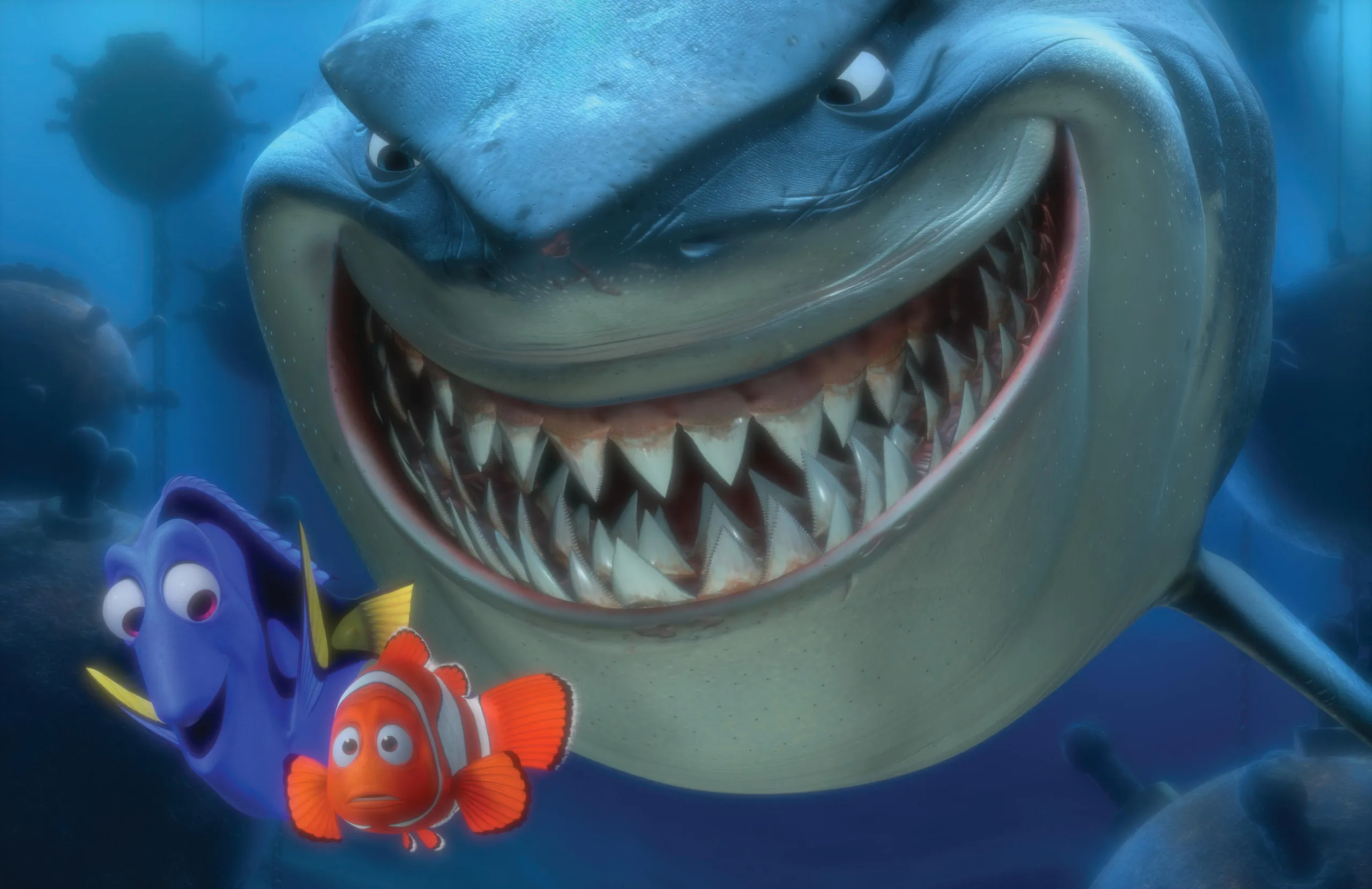 Animated shark with Nemo and Dory, digital art, suspenseful mood.