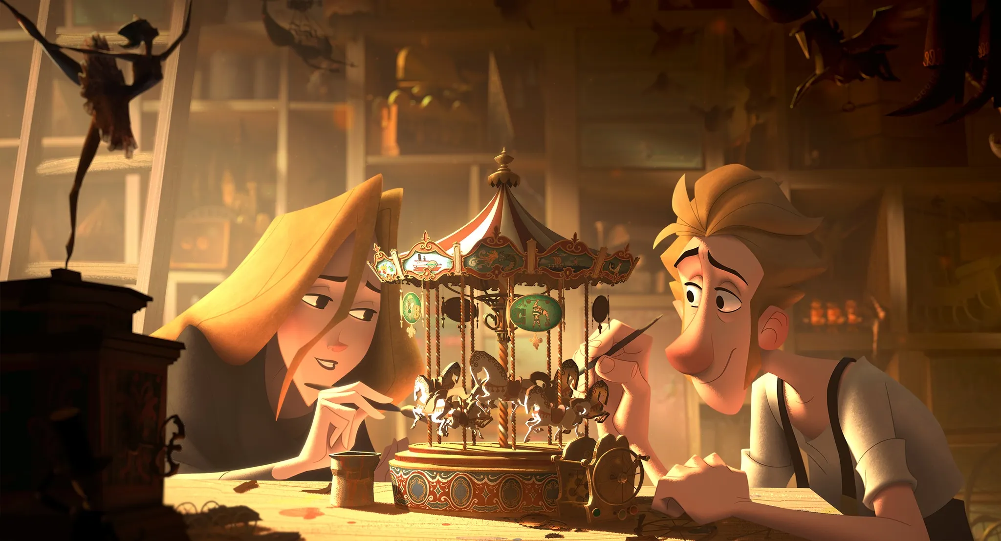 Animated illustration of two artists crafting a detailed carousel, warm and whimsical mood.
