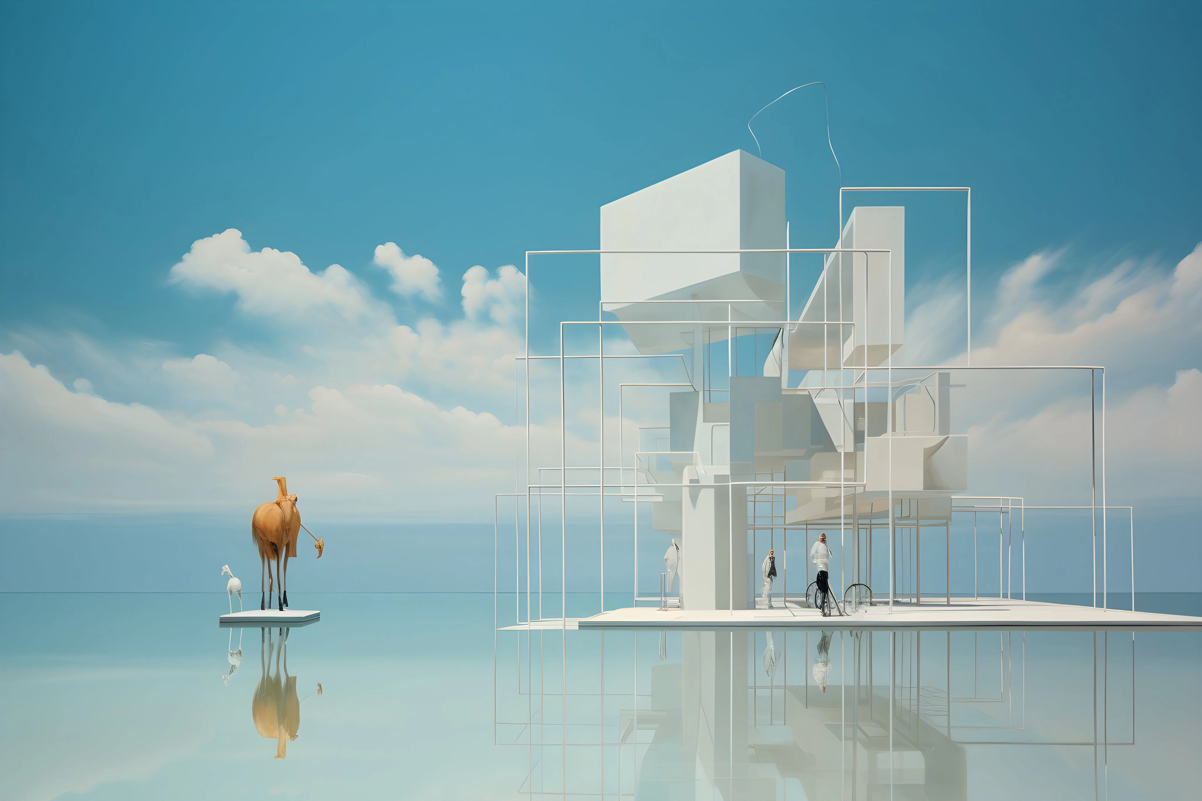 Surreal architectural rendering of abstract forms and figures in a serene, reflective landscape.