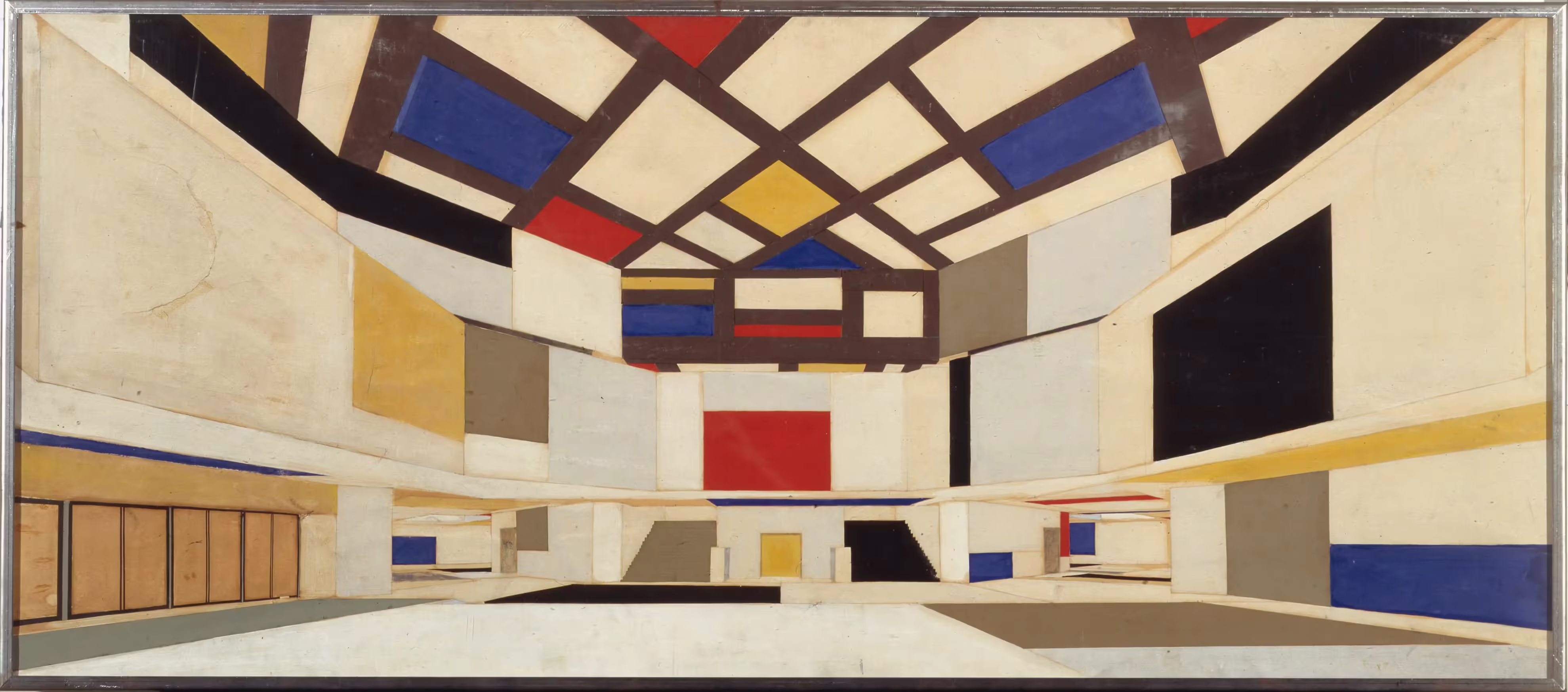 Geometric abstract painting of an interior space with bold colors and sharp lines.