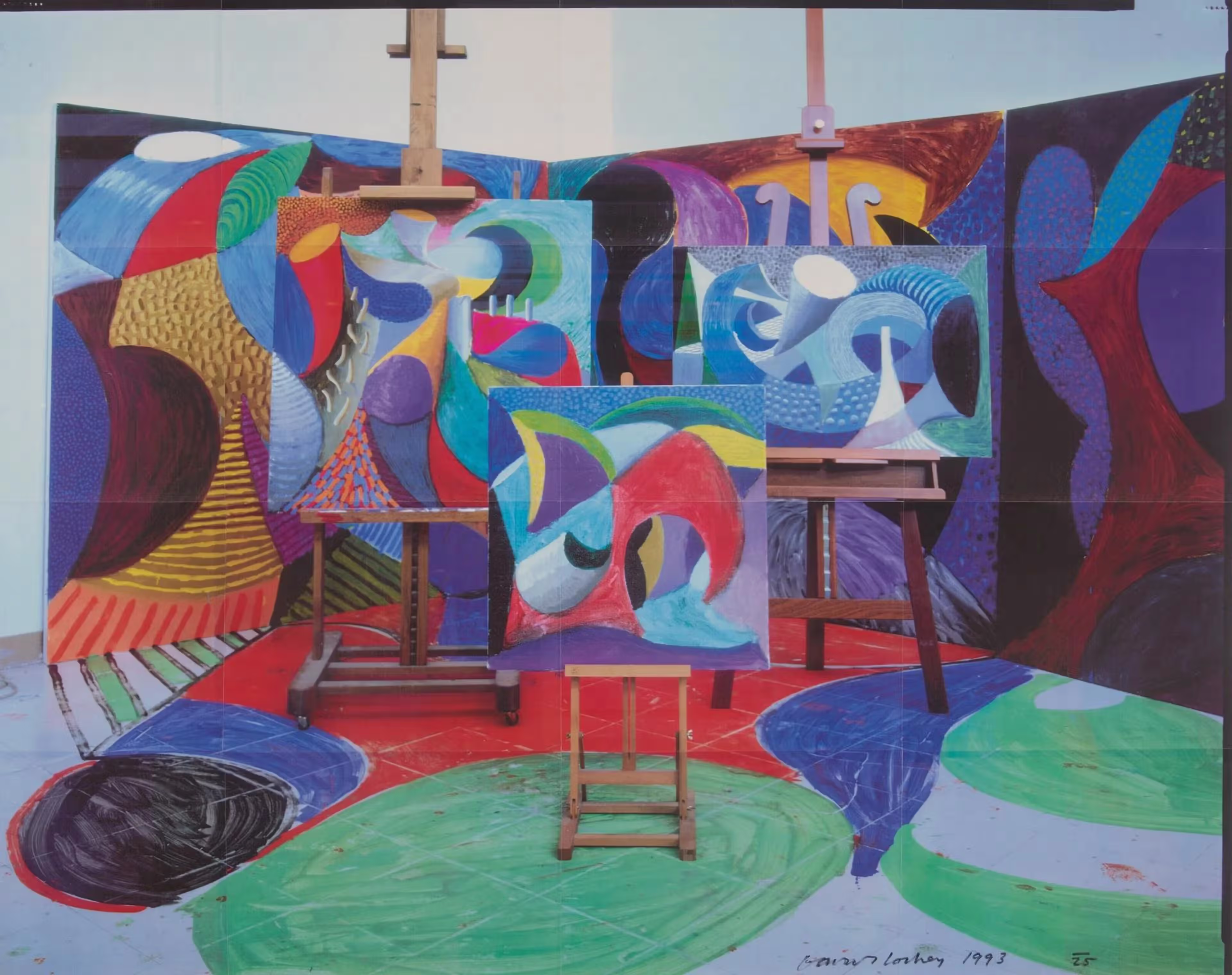 Abstract expressionist painting of an artist's studio with colorful canvases.