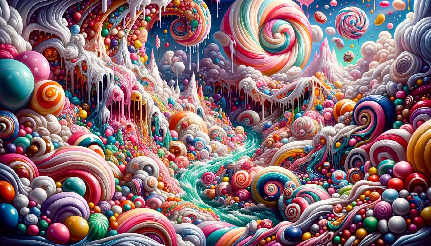Surreal candy landscape, vibrant, whimsical, digital art.