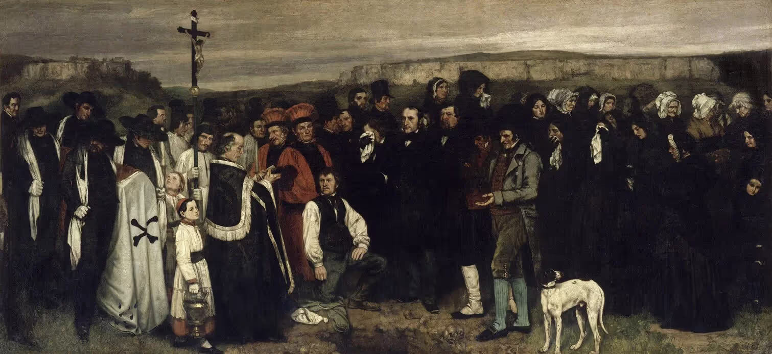 Realist oil painting of a somber funeral procession with a dog and skulls.