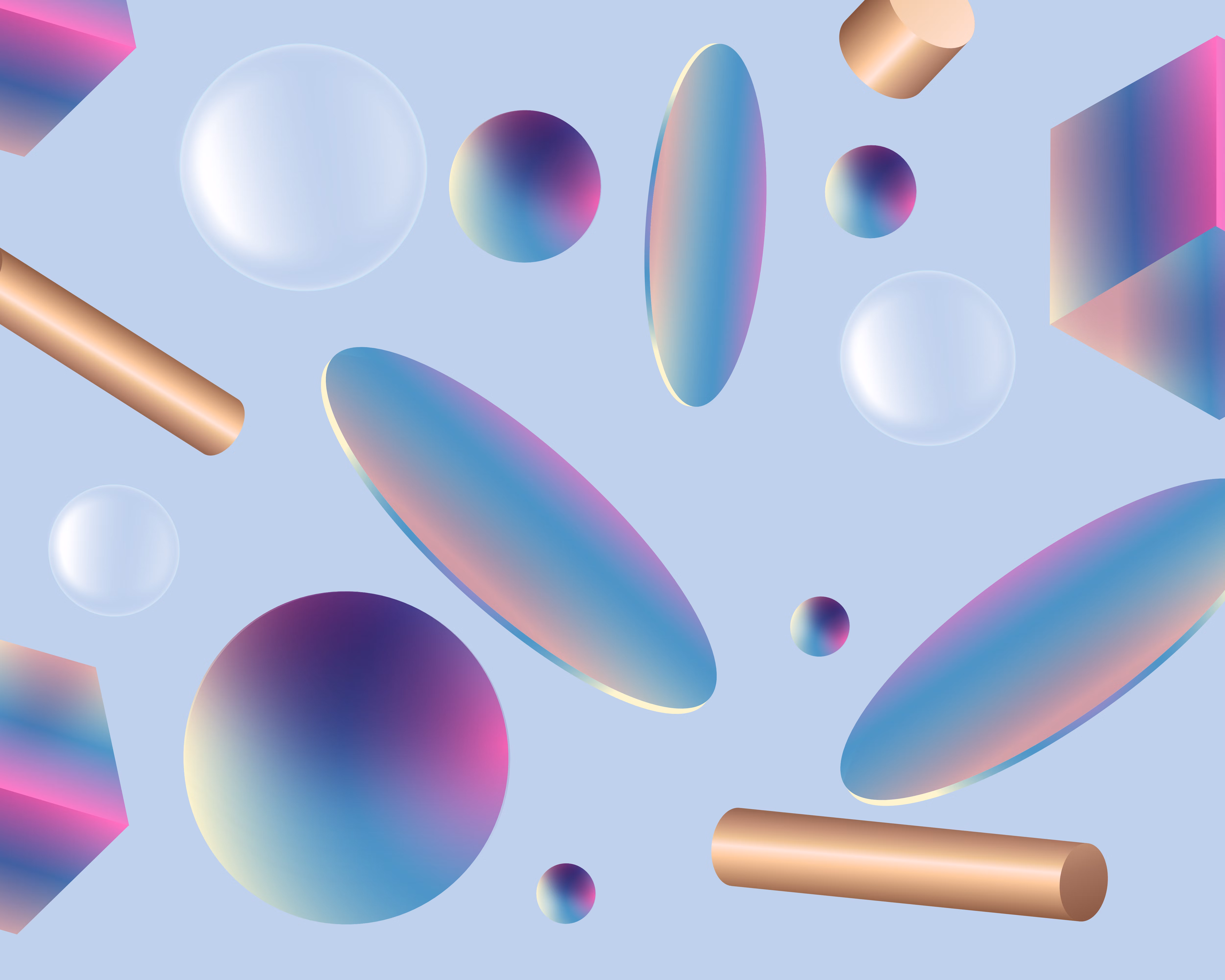 Abstract 3D render of iridescent geometric shapes on a pastel background.