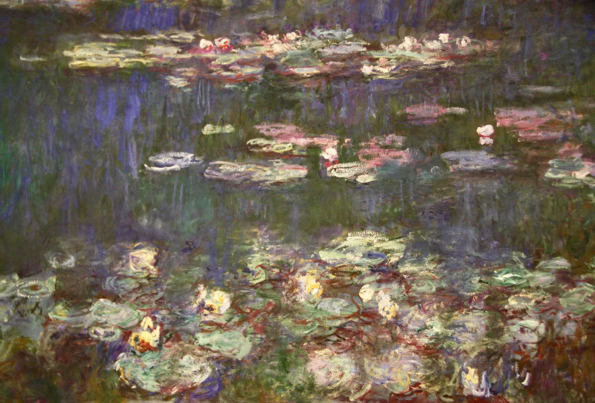 Impressionist oil painting of water lilies on a pond, serene and vibrant.