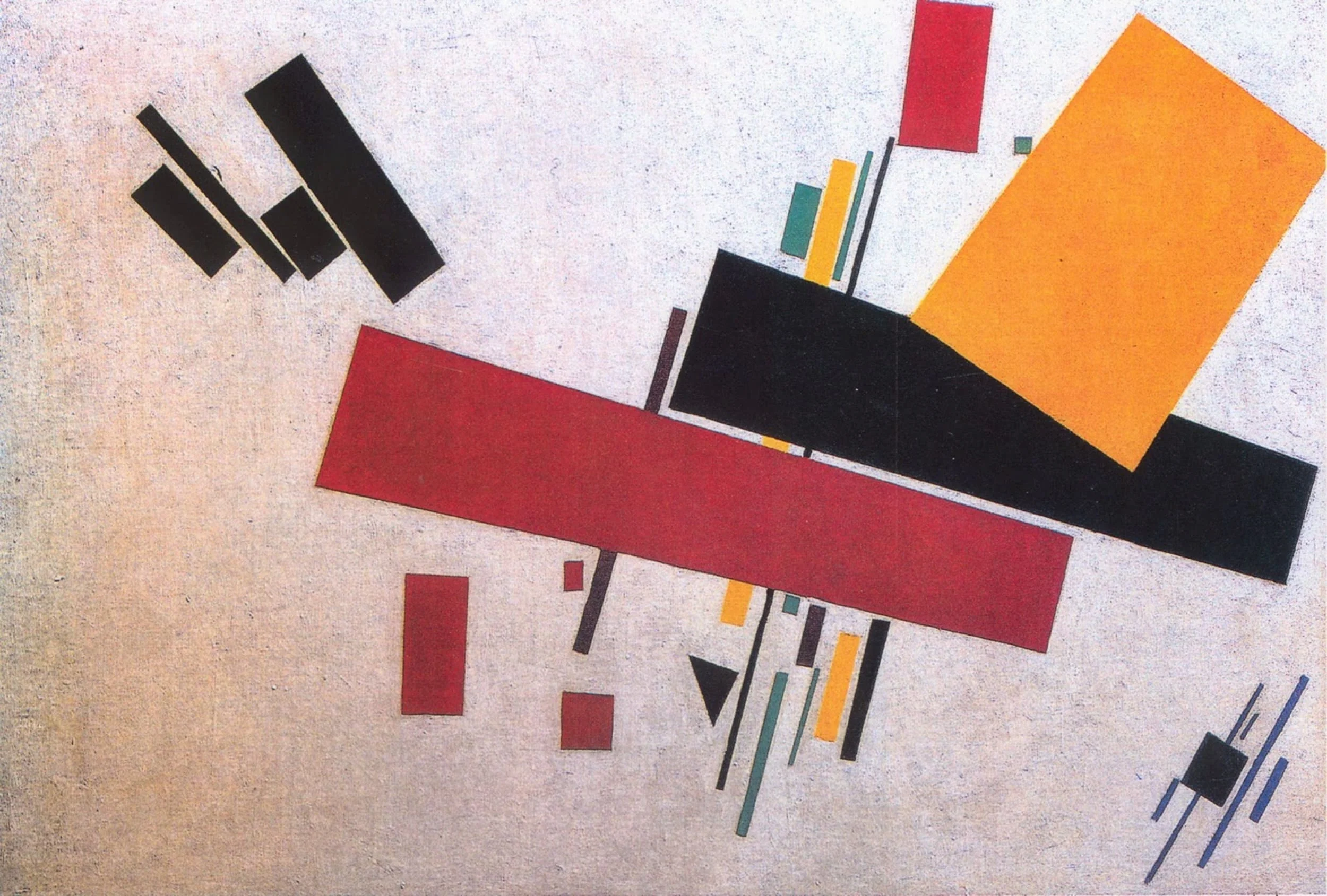 Suprematist abstract painting with geometric shapes in red, black, and orange.