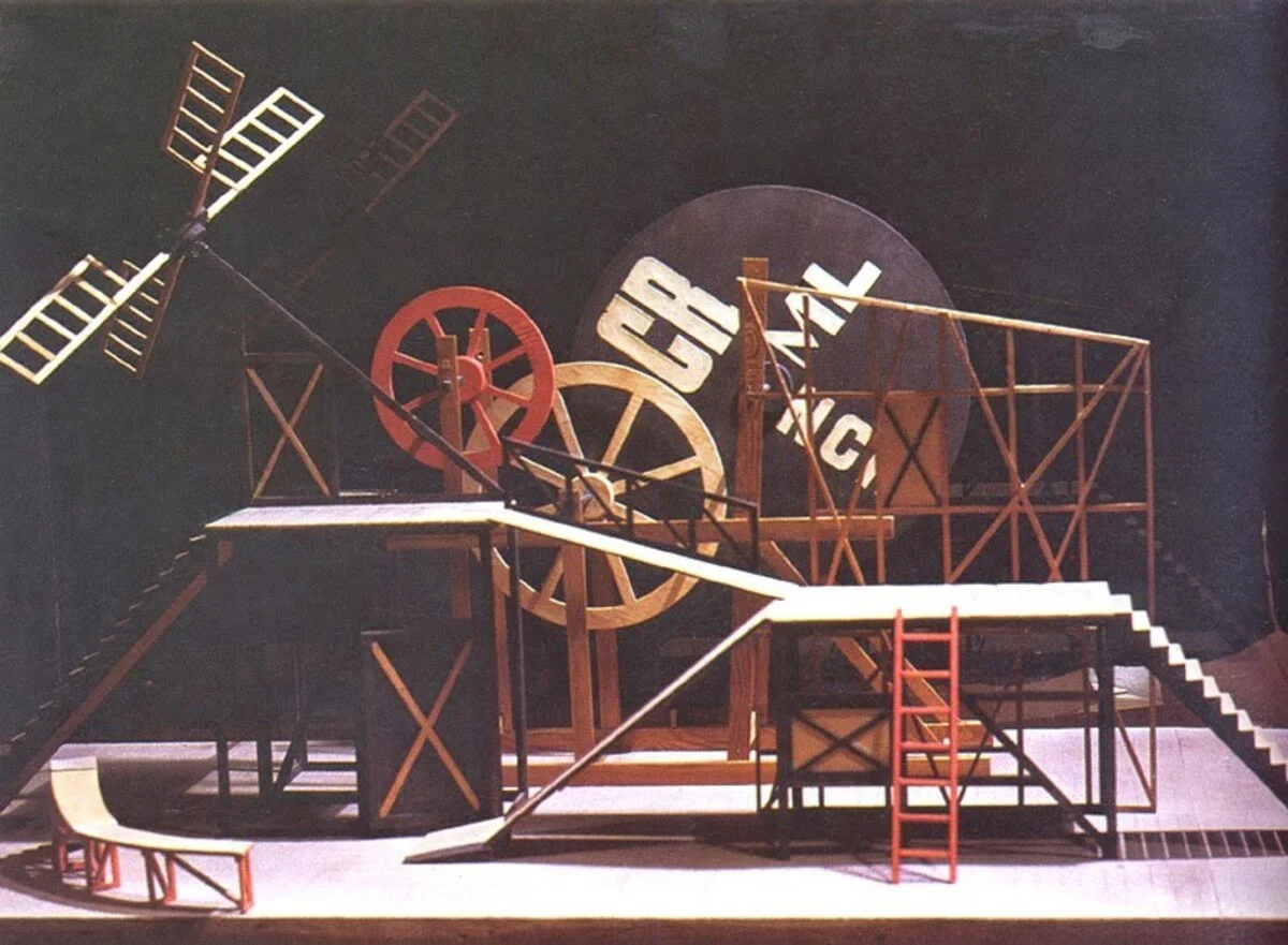 Kinetic sculpture model, Constructivist style, wood and metal, dynamic and industrial.
