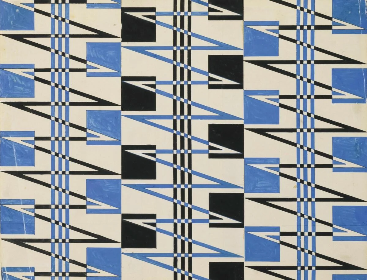 Geometric abstract painting with blue, black, and white shapes in a repeating pattern.