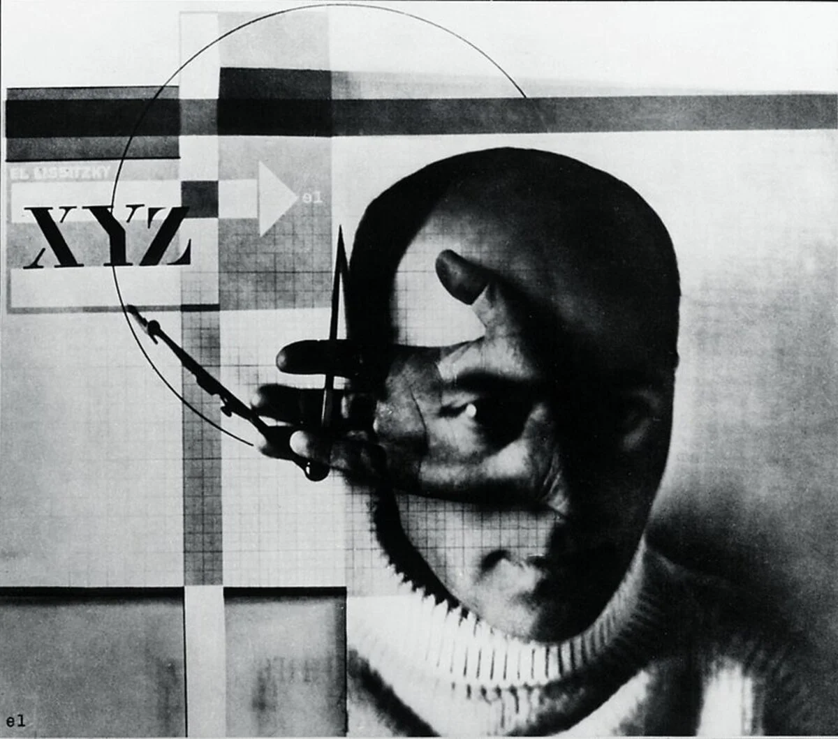 El Lissitzky photomontage, abstract, avant-garde portrait, striking, geometric.