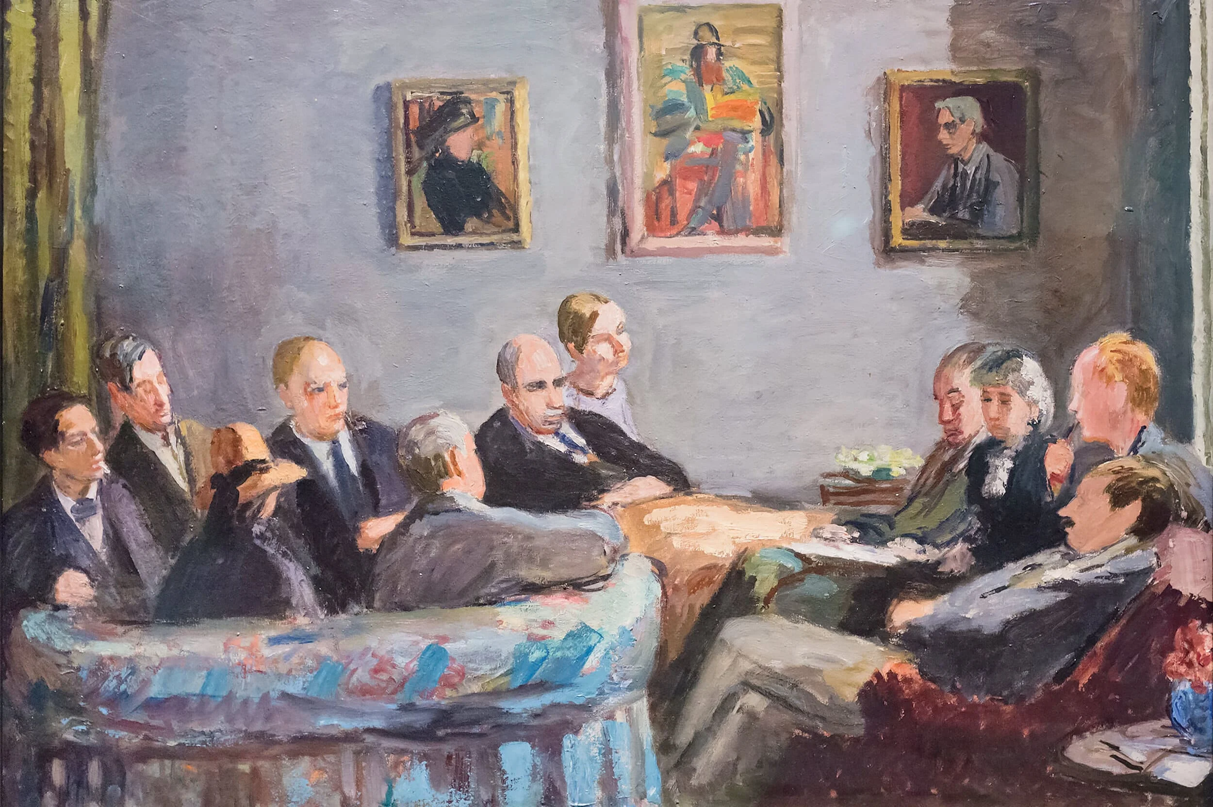 Impressionist oil painting of men in a room, somber mood.