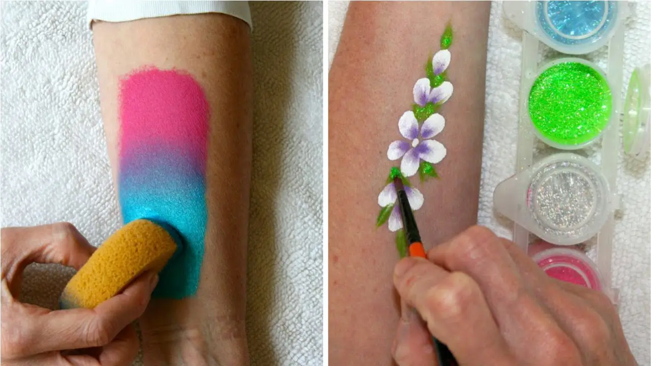 Arm painting: gradient background, floral design with glitter, body art.