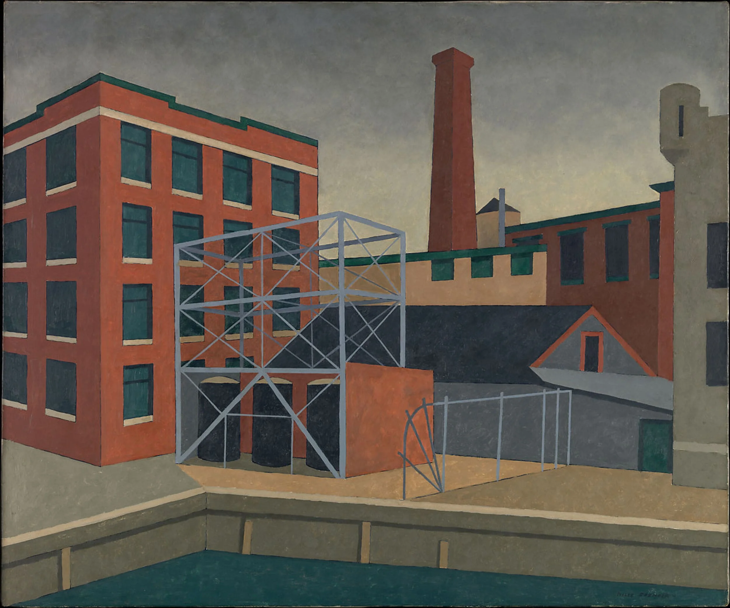 Industrial scene painting in a modernist style, depicting factories and a smokestack.