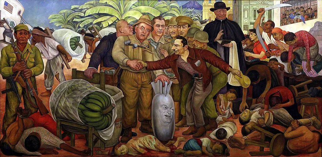 Mural depicting exploitation and violence in Latin America, social realism, oil on canvas.