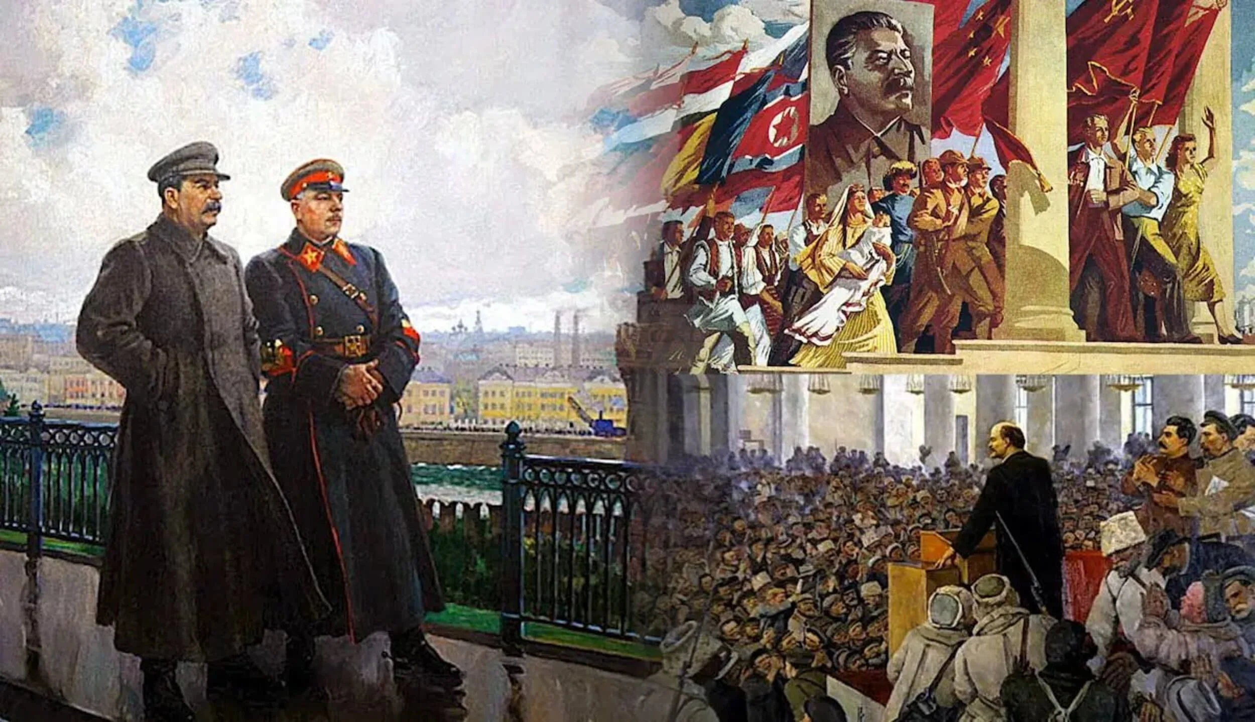 Socialist Realist painting: Stalin and Lenin address crowds, Soviet propaganda art.