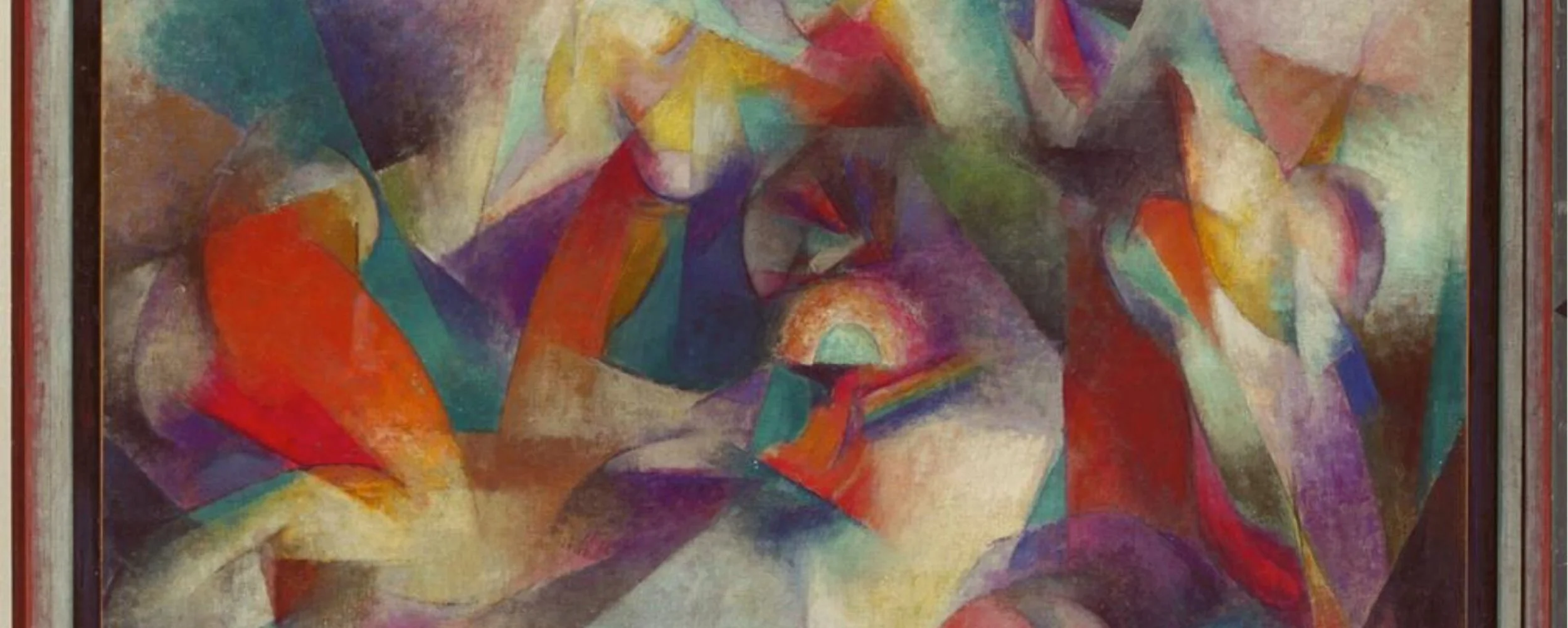 Abstract cubist painting with vibrant colors and dynamic forms.