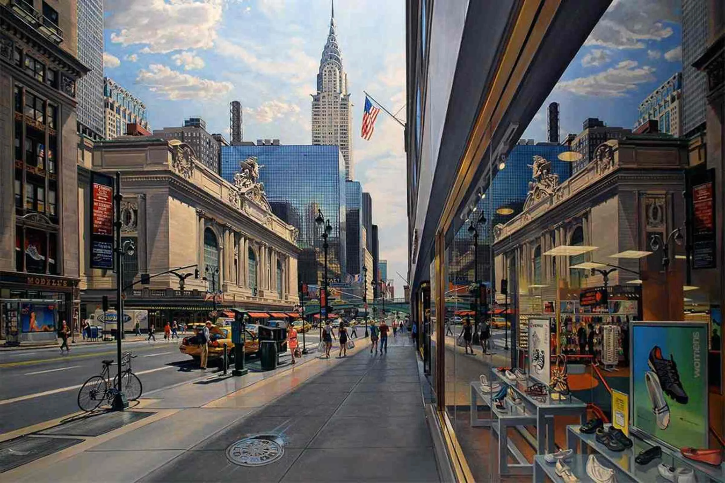 Hyperrealistic oil painting of New York City street scene with Chrysler Building.