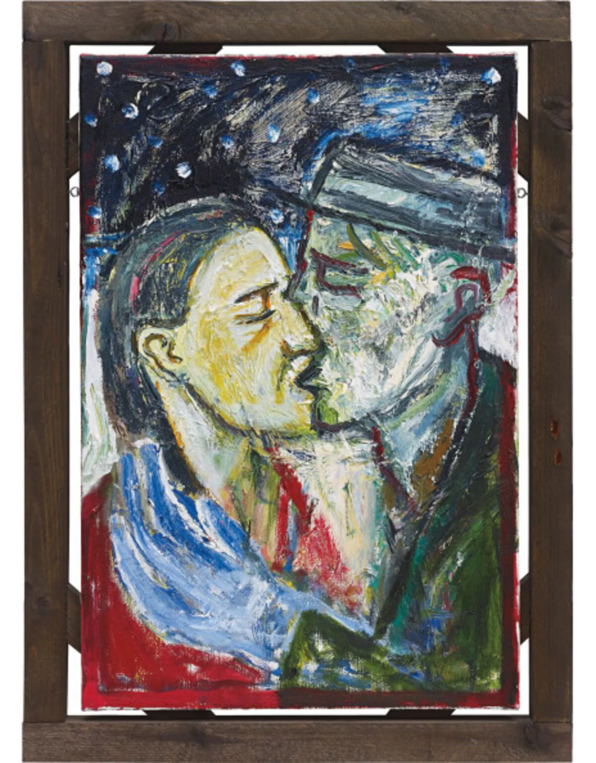 Expressionist oil painting of a passionate kiss under a starry sky.