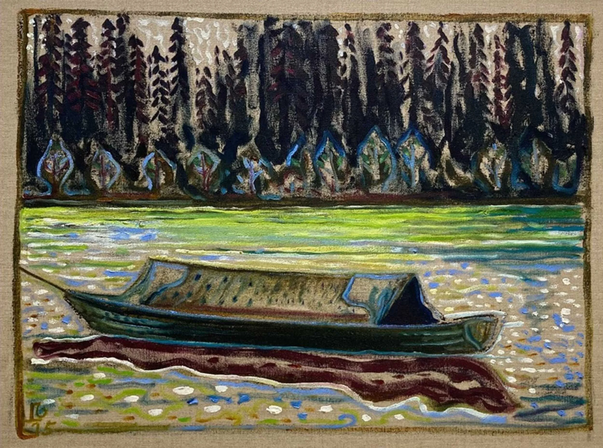 Impressionist oil painting of a boat on water with a forest background.