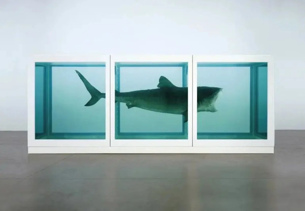 Shark in formaldehyde, conceptual art, unsettling realism, iconic.