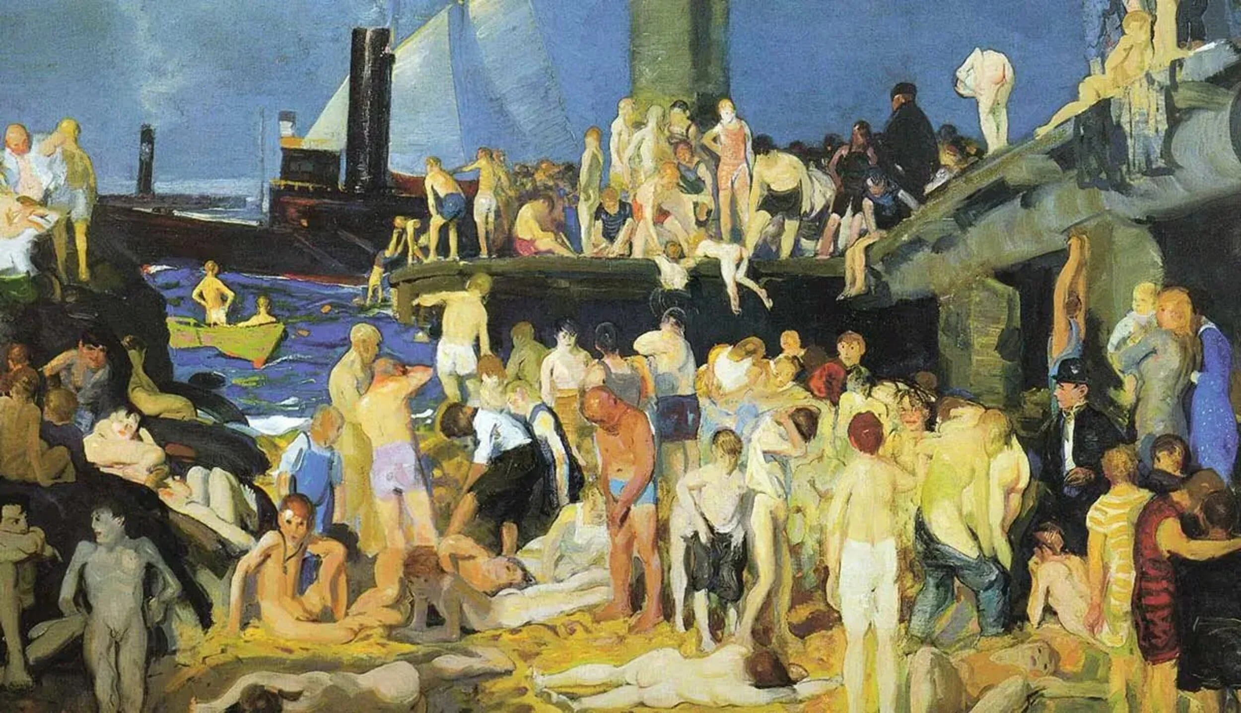 Expressionist oil painting of a crowded beach scene with nude figures.