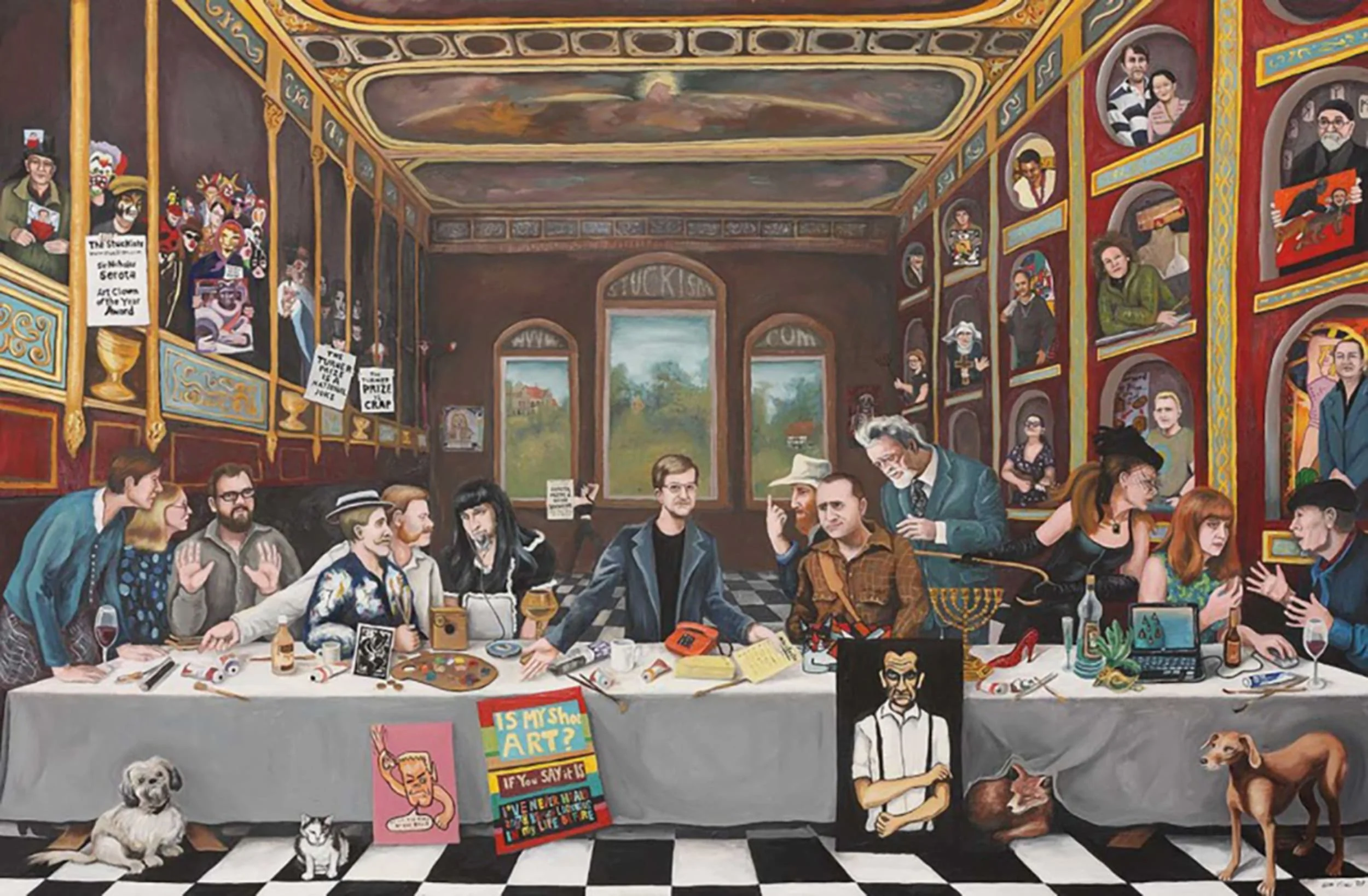 Figurative oil painting of a surreal Last Supper with contemporary art references.