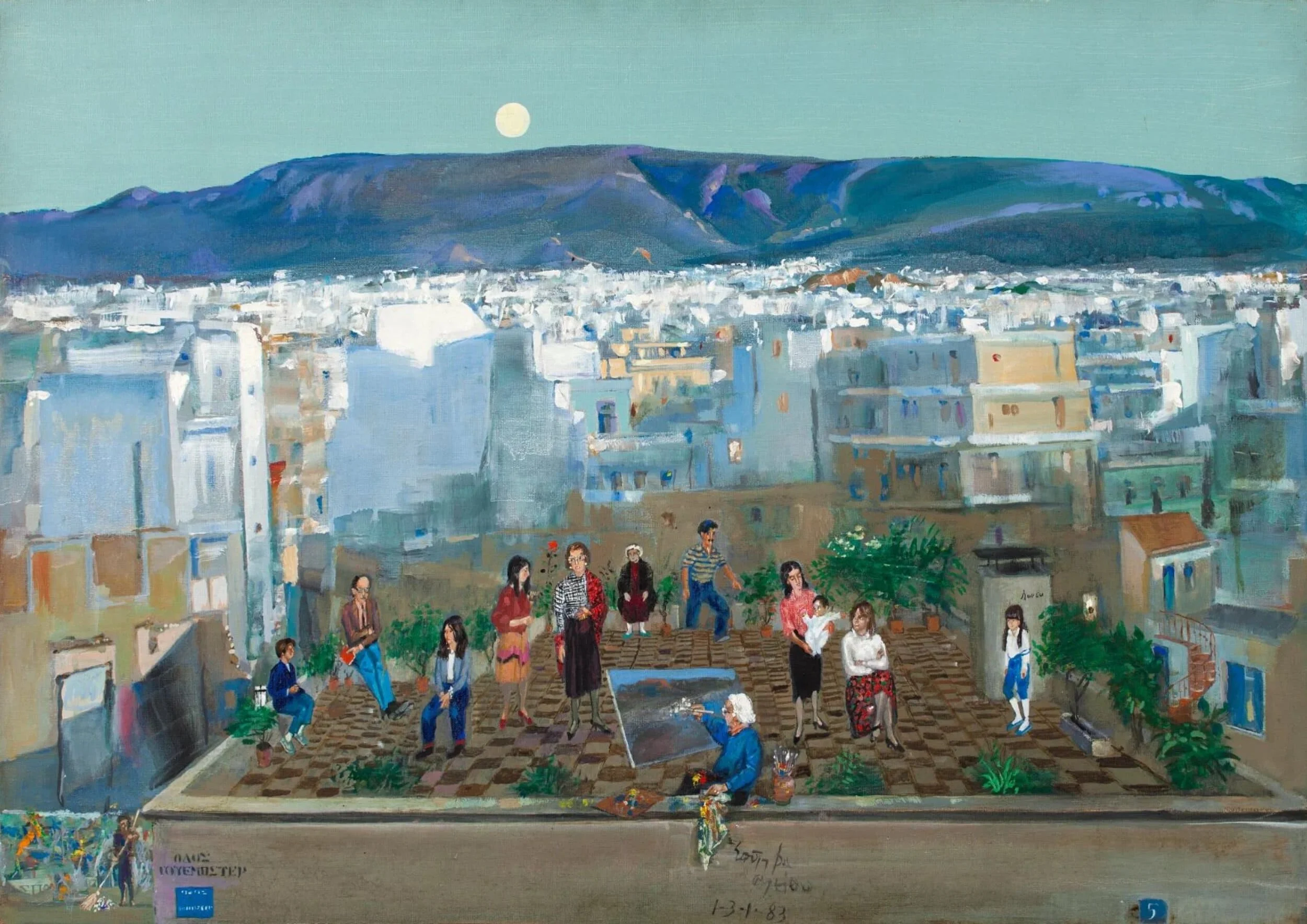 Oil painting of a rooftop gathering in Athens, vibrant colors, expressive figures, city view.