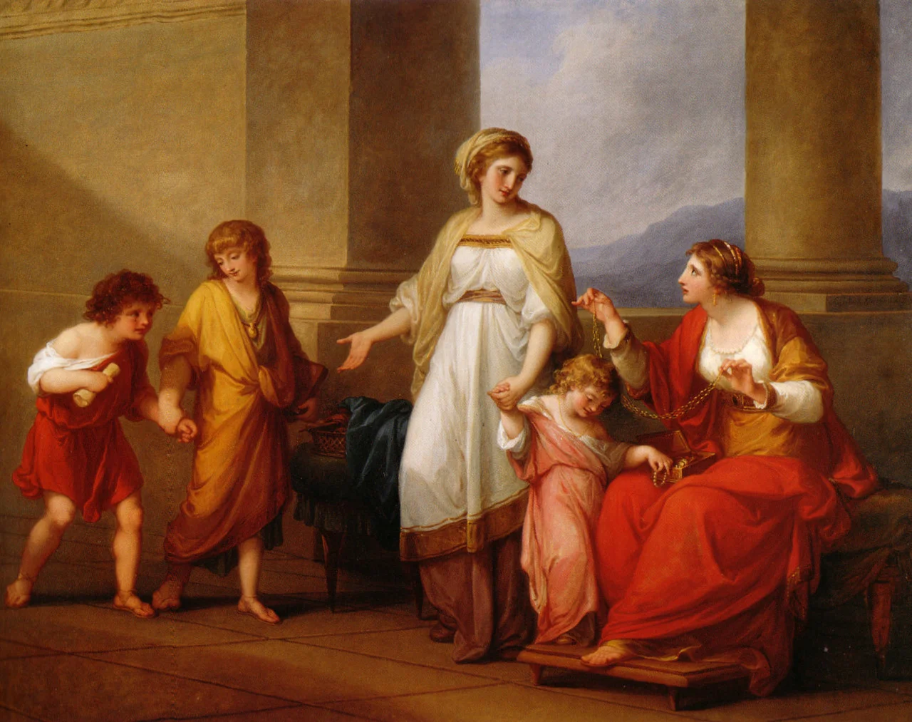 Classical painting of women and children with jewelry, conveying virtue and domesticity.