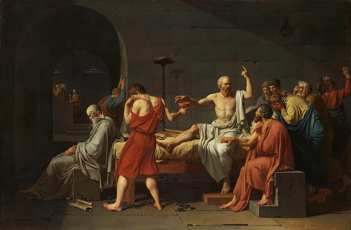 Neoclassical painting of Socrates' death by hemlock, somber mood.