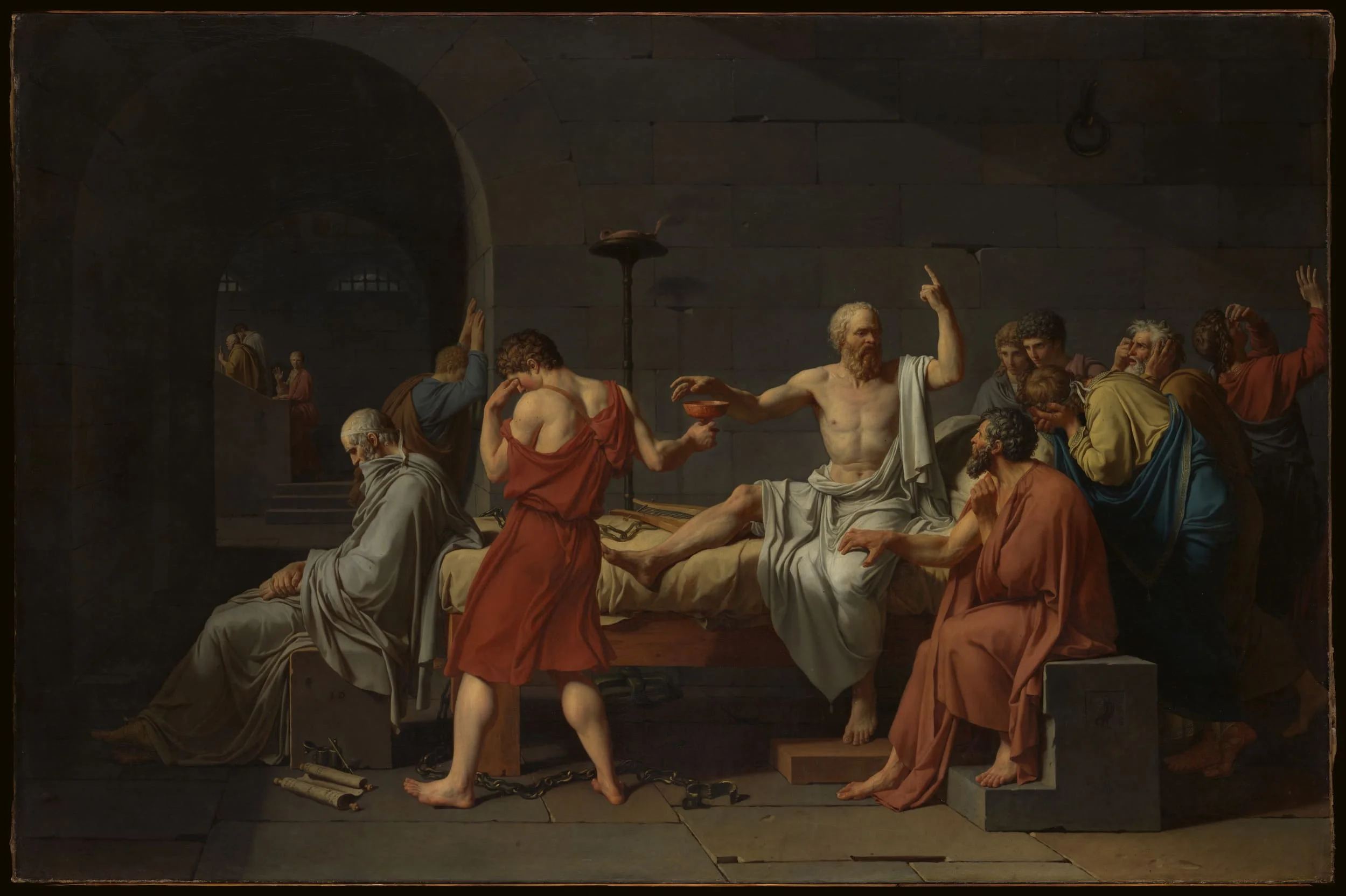 Neoclassical painting of Socrates' death by hemlock, somber mood.