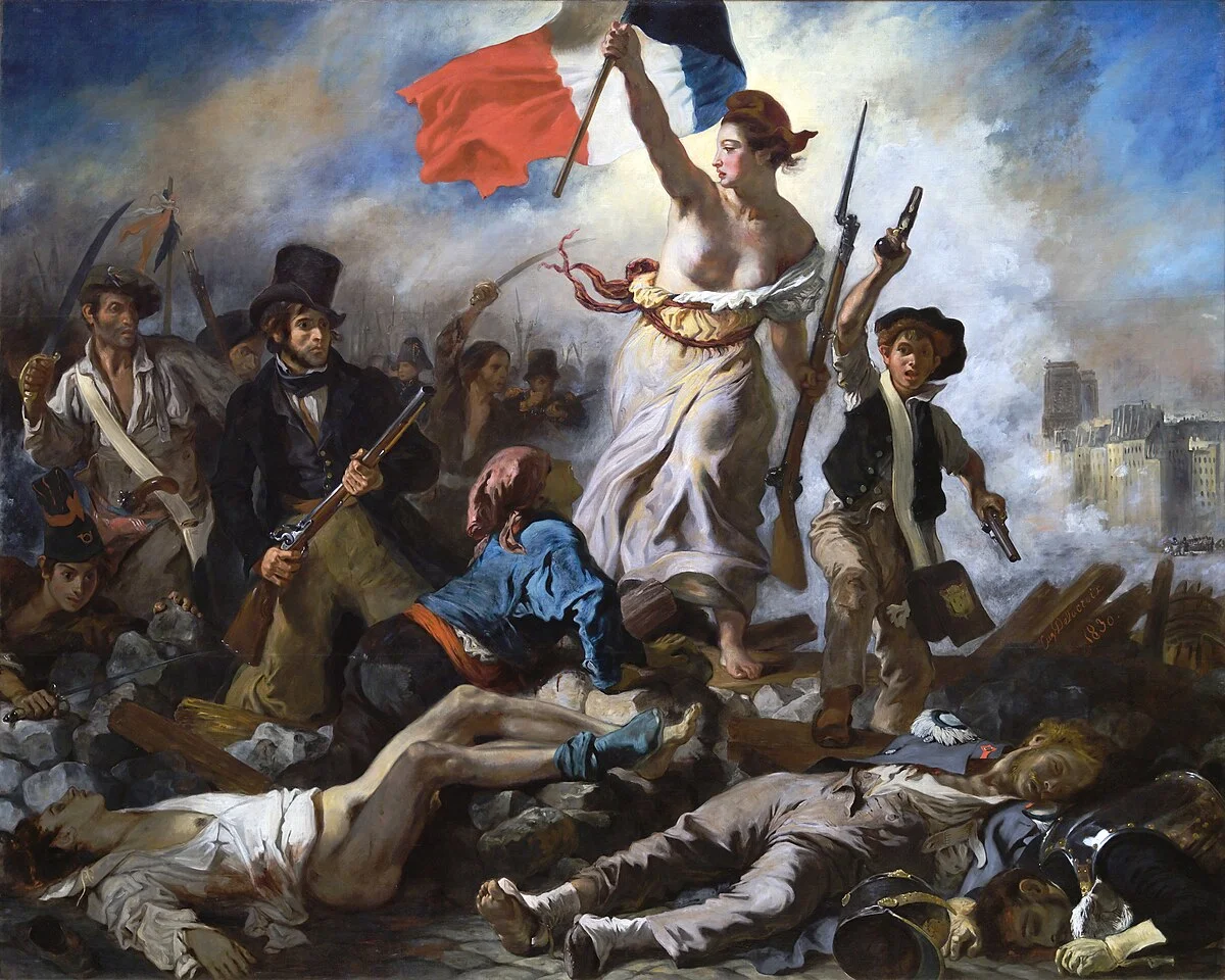 Liberty leading the people, Romantic oil painting, revolutionary fervor, dramatic lighting.
