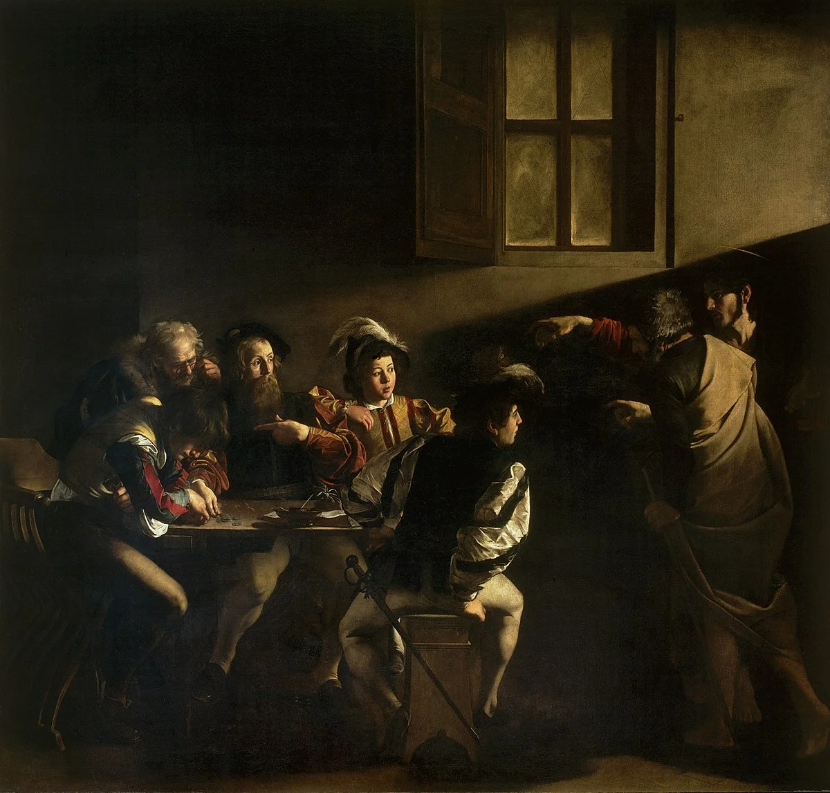 Caravaggio's oil painting, The Calling of Saint Matthew, dramatic chiaroscuro, religious scene.