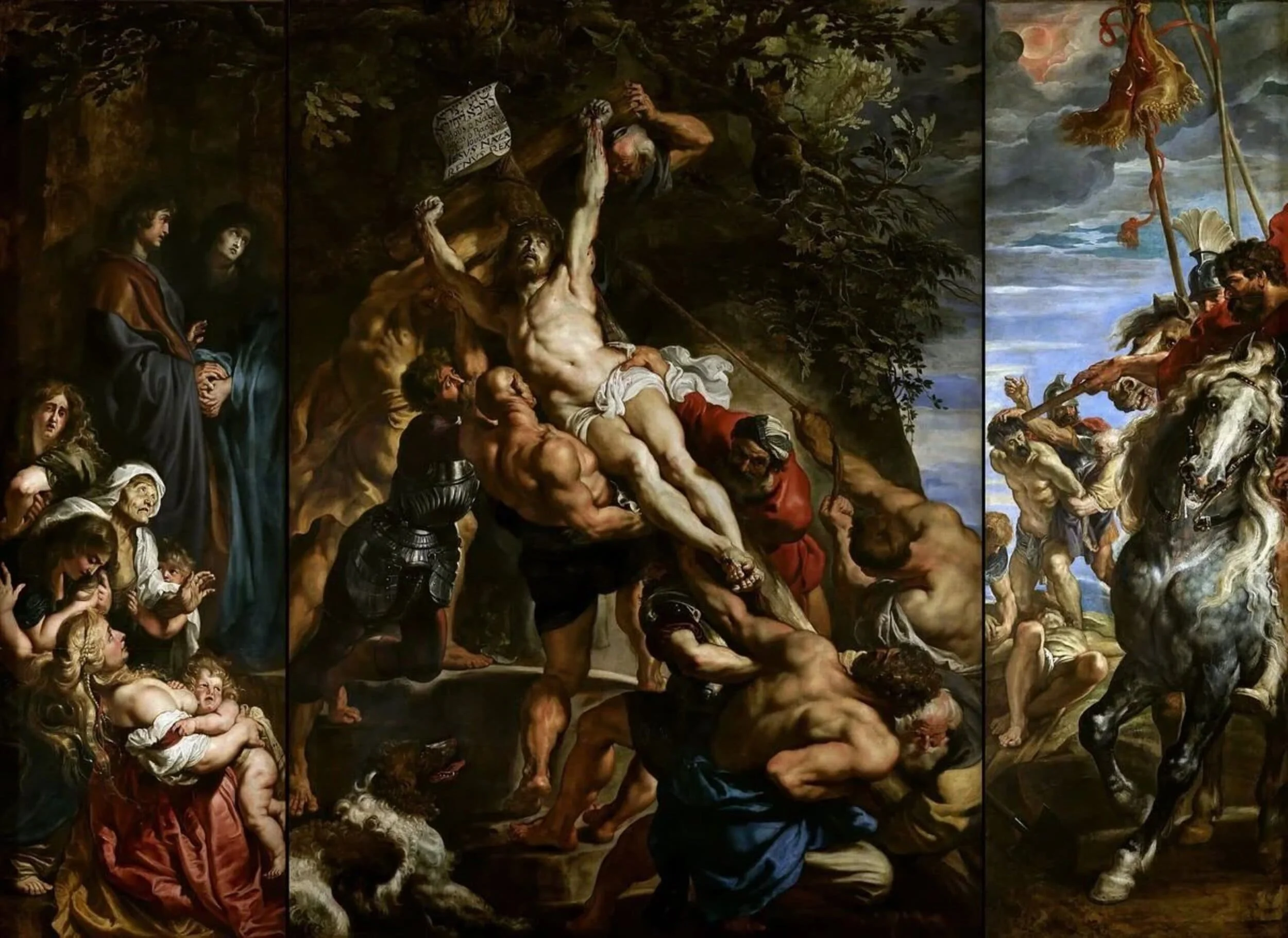 Baroque oil painting: Christ's descent from the cross, dramatic, emotional, powerful.