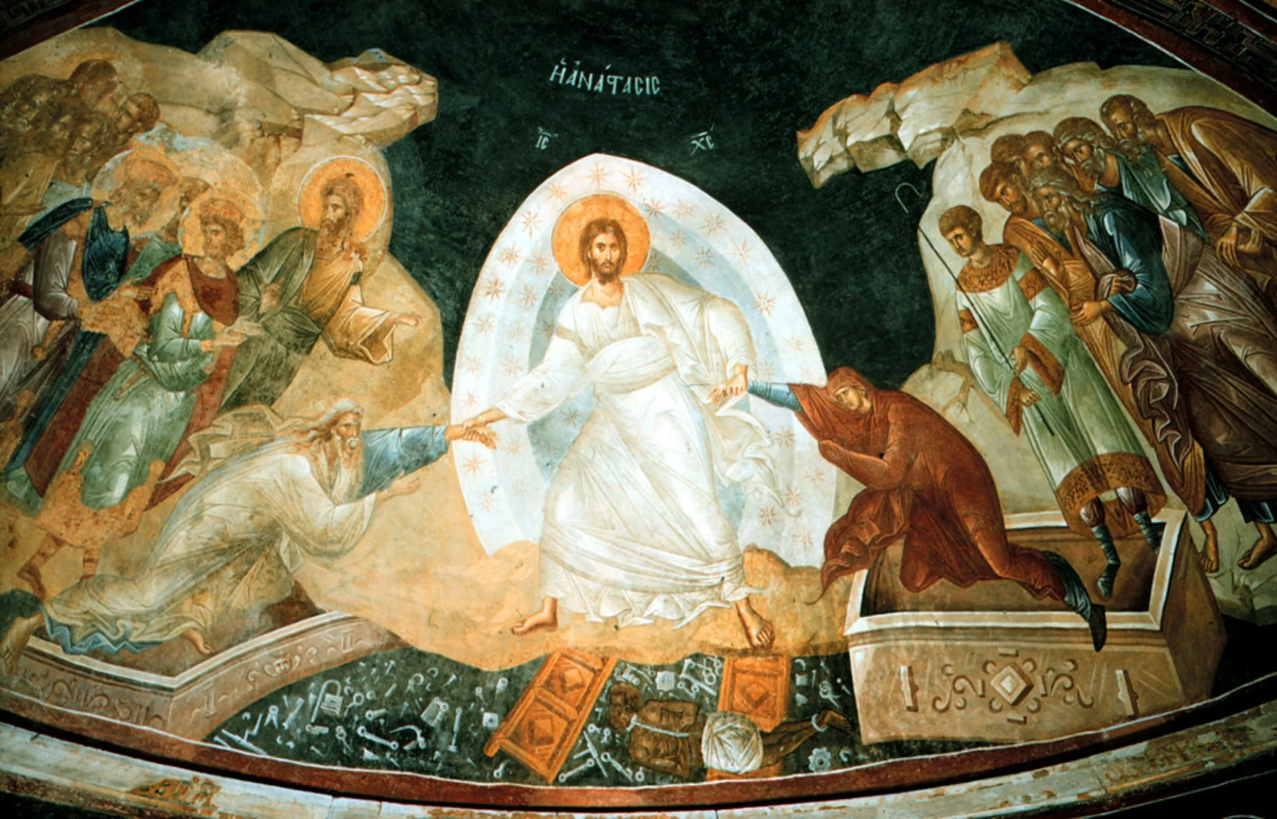 Byzantine fresco depicting the Resurrection of Christ, with figures emerging from tombs.