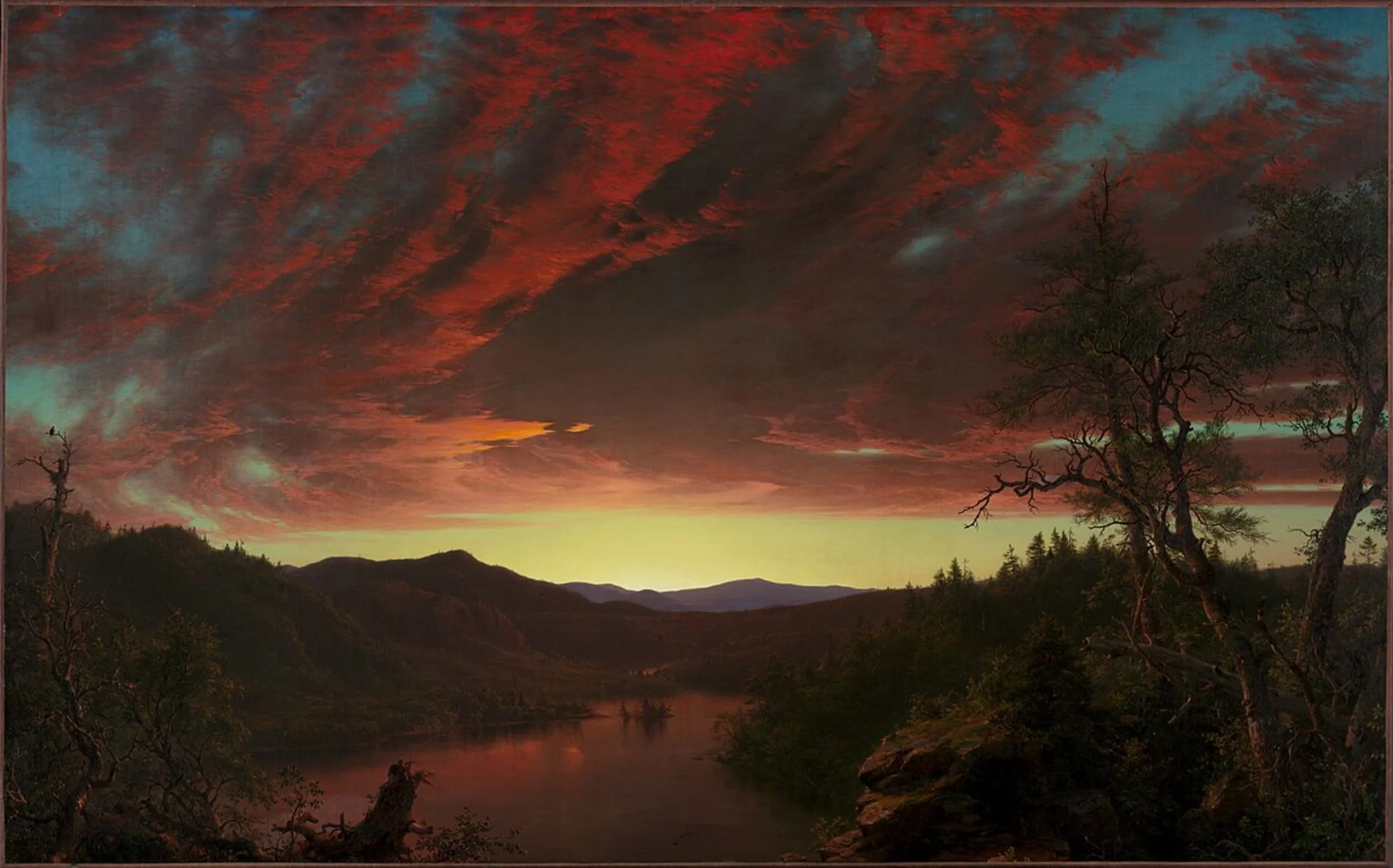Hudson River School oil painting of a dramatic sunset over a serene lake.