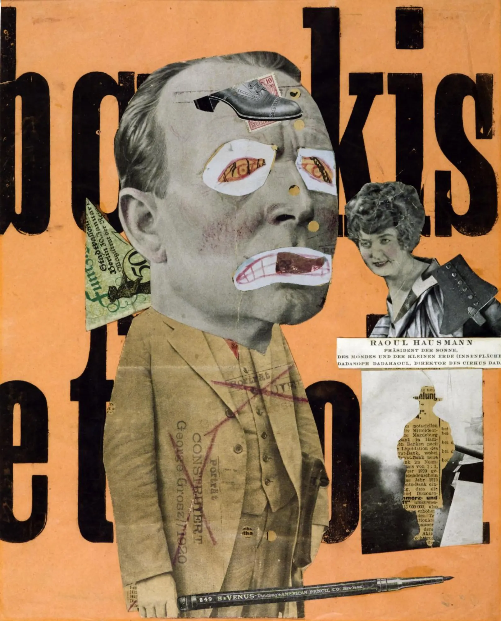 Dada collage by Raoul Hausmann, surreal portrait, unsettling mood.