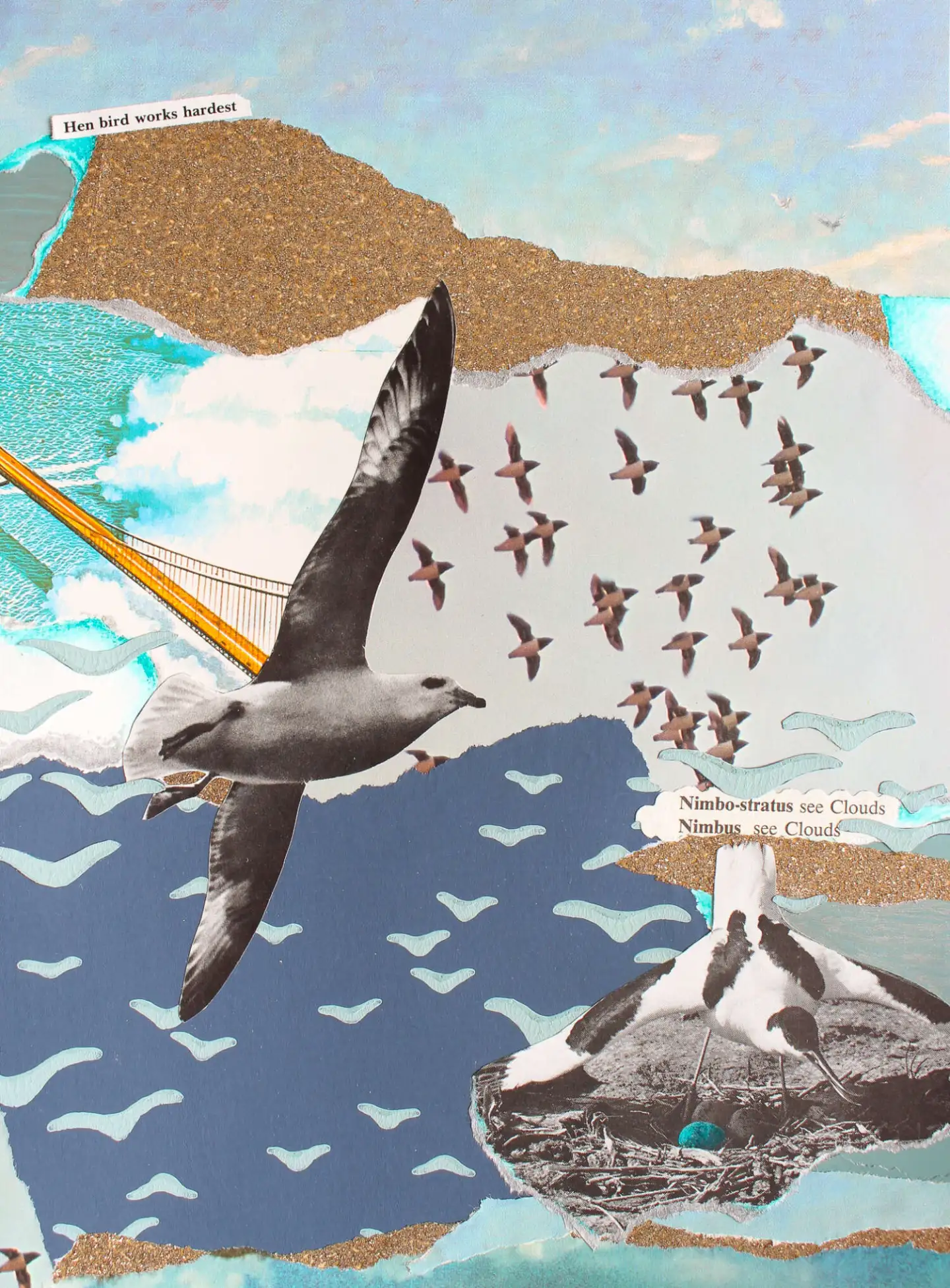 Collage art: birds in flight, nest, bridge, textured paper, surreal mood.