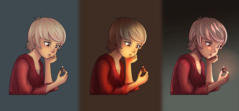 Anime illustration of a girl holding a small object, moody lighting.