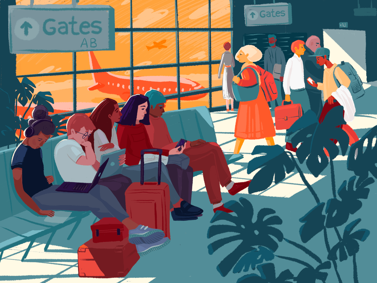Digital illustration of diverse travelers in airport lounge, warm sunset light, serene mood.