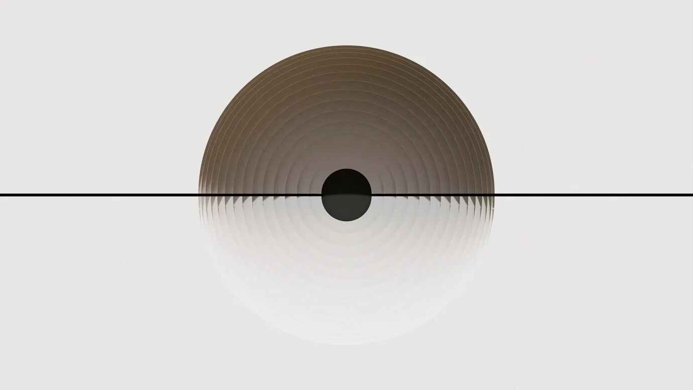 Abstract digital art: symmetrical circles, dark center, light background, modern, serene.