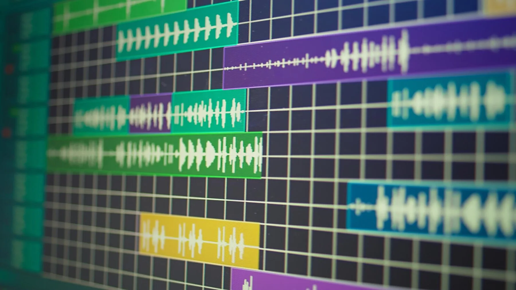 Digital audio waveform visualization on a grid, abstract, electronic music production.