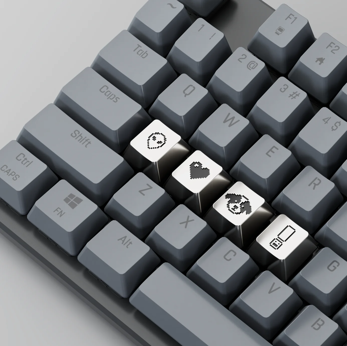 Pixel art keyboard keycaps: dog, heart, USB, skull.